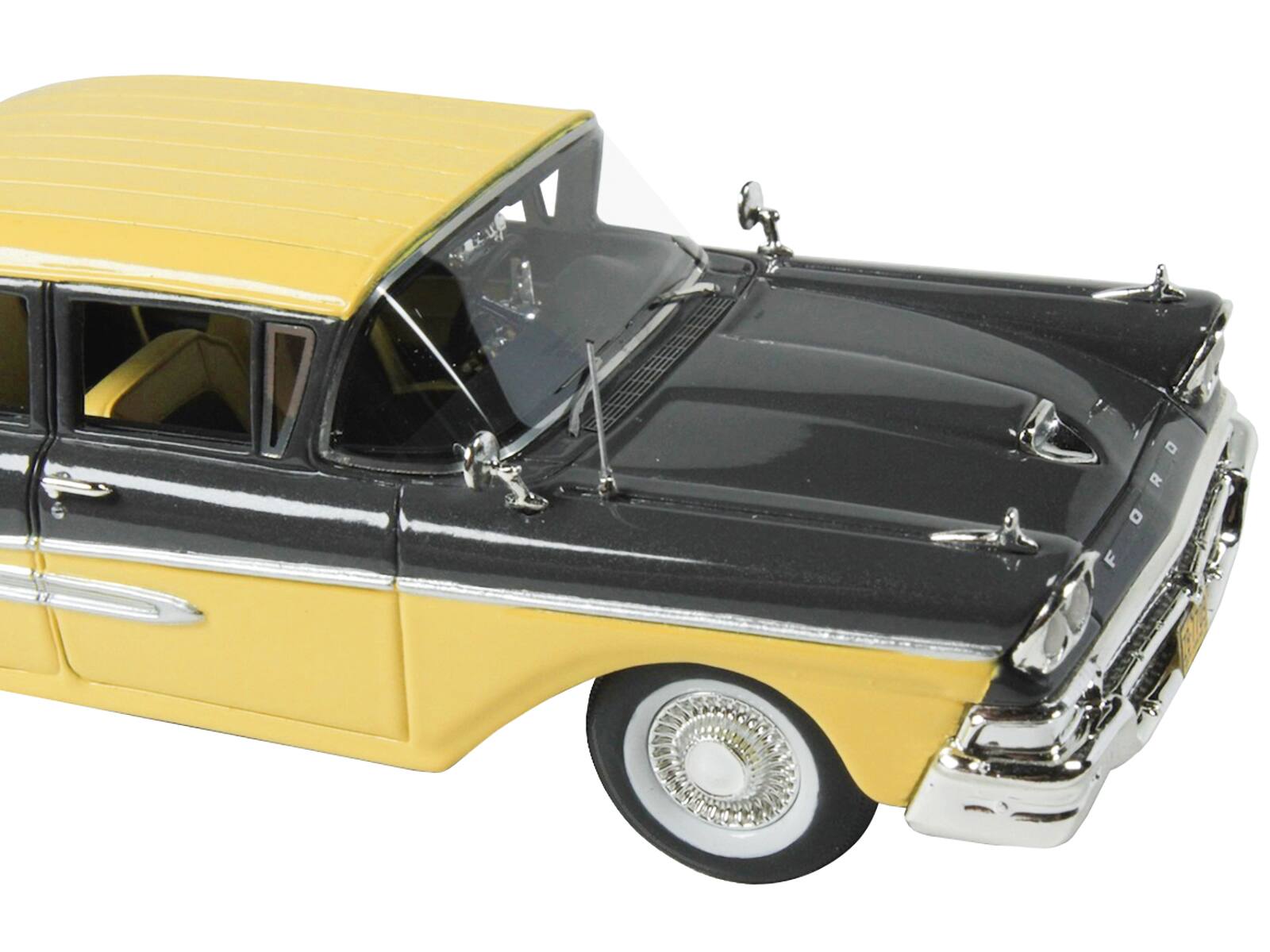 Angle. Goldvarg Collection - 1958 Ford Fairlane 4 Door Gunmetal Gray and Pastel Yellow Limited Edition to 240 pieces Worldwide 1/43 Model Car - Gray and Pastel Yellow.