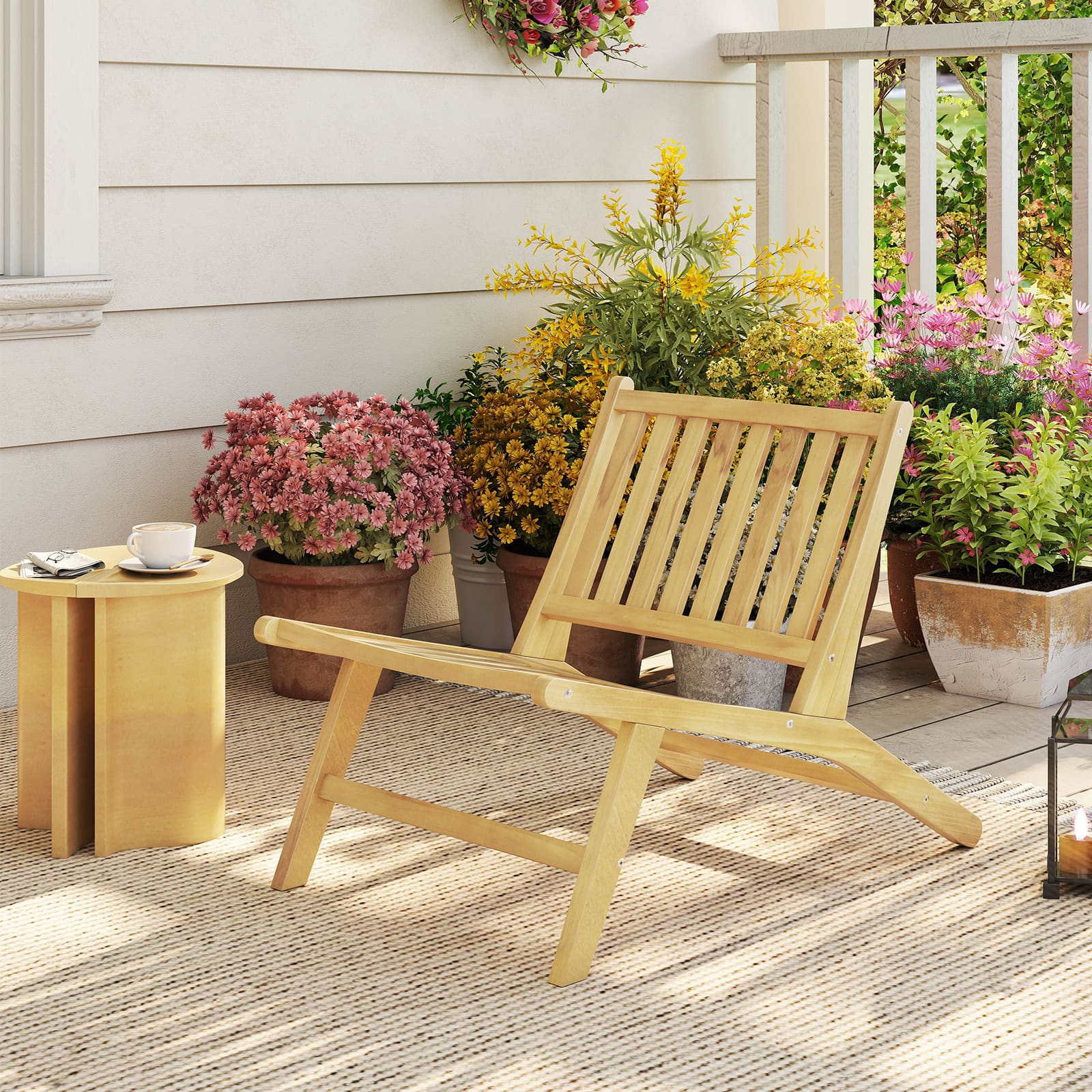 Gymax Teak Wood Outdoor Reclining Chair Mid Century Accent Chair w