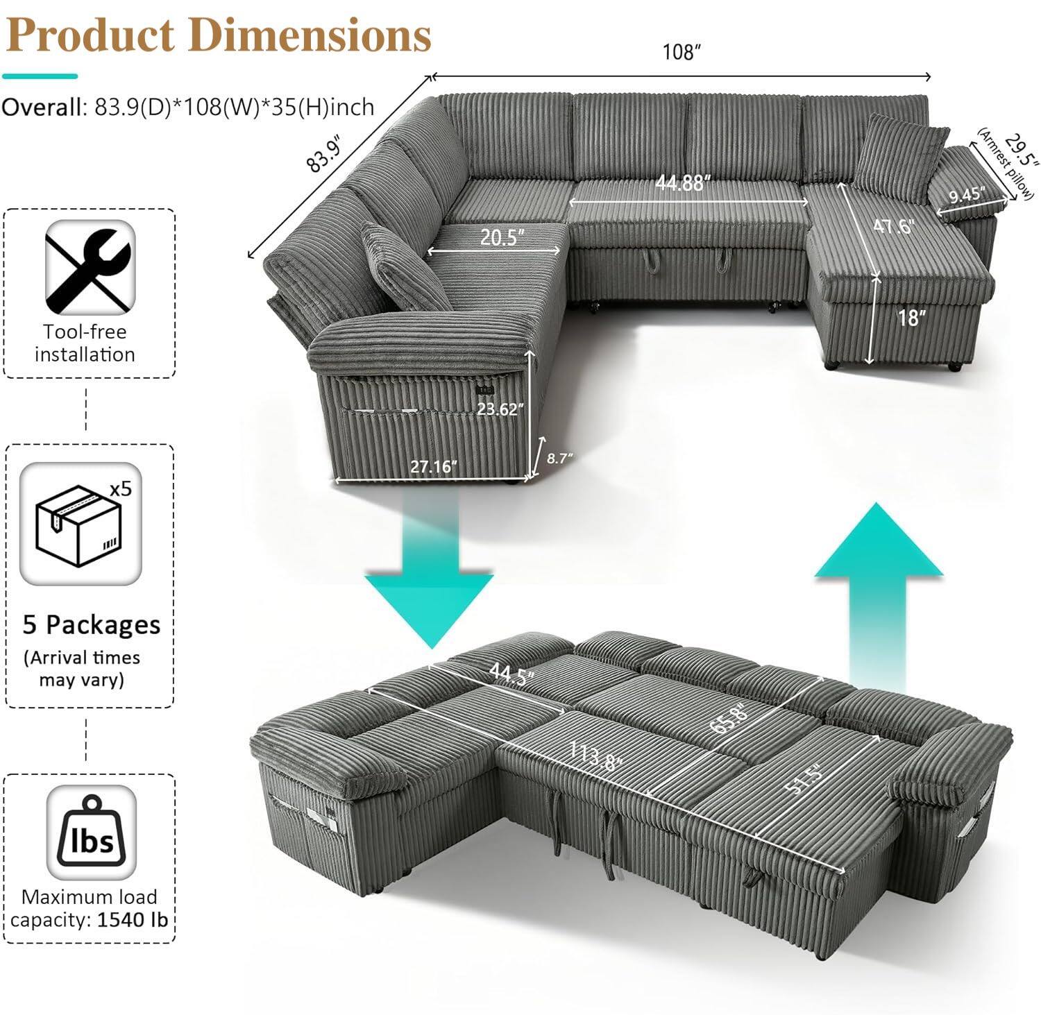 Product Dimensions

Overall: 83.9(D)*108(W)*35(H)inch

- Armrest: 29.5" (9.45")
- Tool-free installation
- 5 Packages (Arrival times may vary)
- Maximum load capacity: 1540 lb