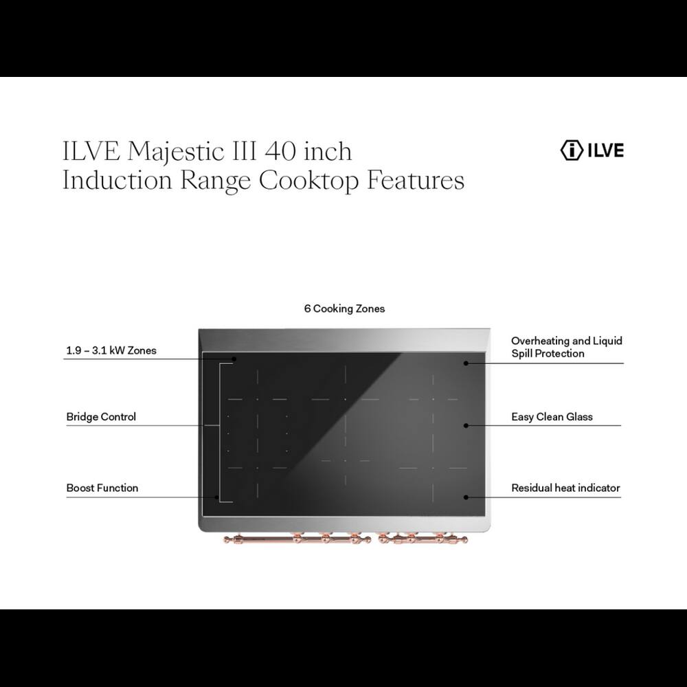 ILVE Majestic III 40 inch Induction Range Cooktop Features

- ILVE
- 6 Cooking Zones
- 1.9 - 3.1 kW Zones
- Overheating and Liquid Spill Protection
- Bridge Control
- Easy Clean Glass
- Boost Function
- Residual heat indicator