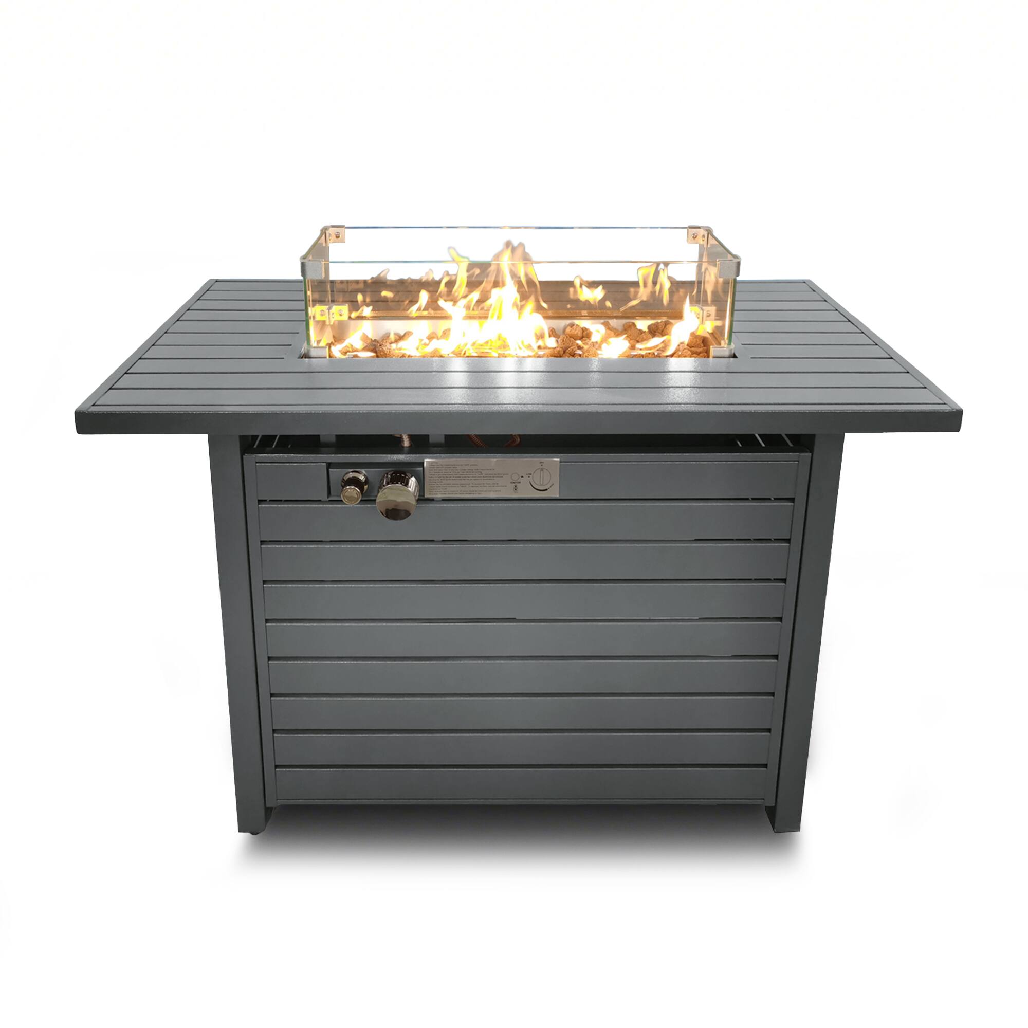 Front. Mondawe - 25" H x 42" W Steel Propane Outdoor Fire Pit Table with Lid - Gray.