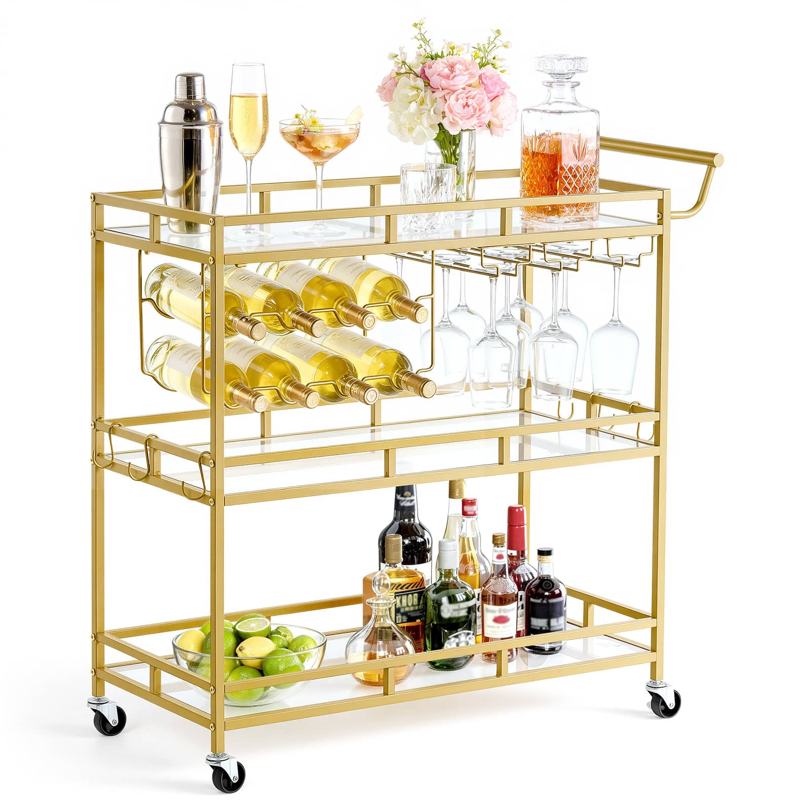 VEVOR - Bar Cart, 3 Tiers Home Kitchen Serving Carts, Modern Rolling Utility Station on Wheels, Drink Beverage Trolley - Gold