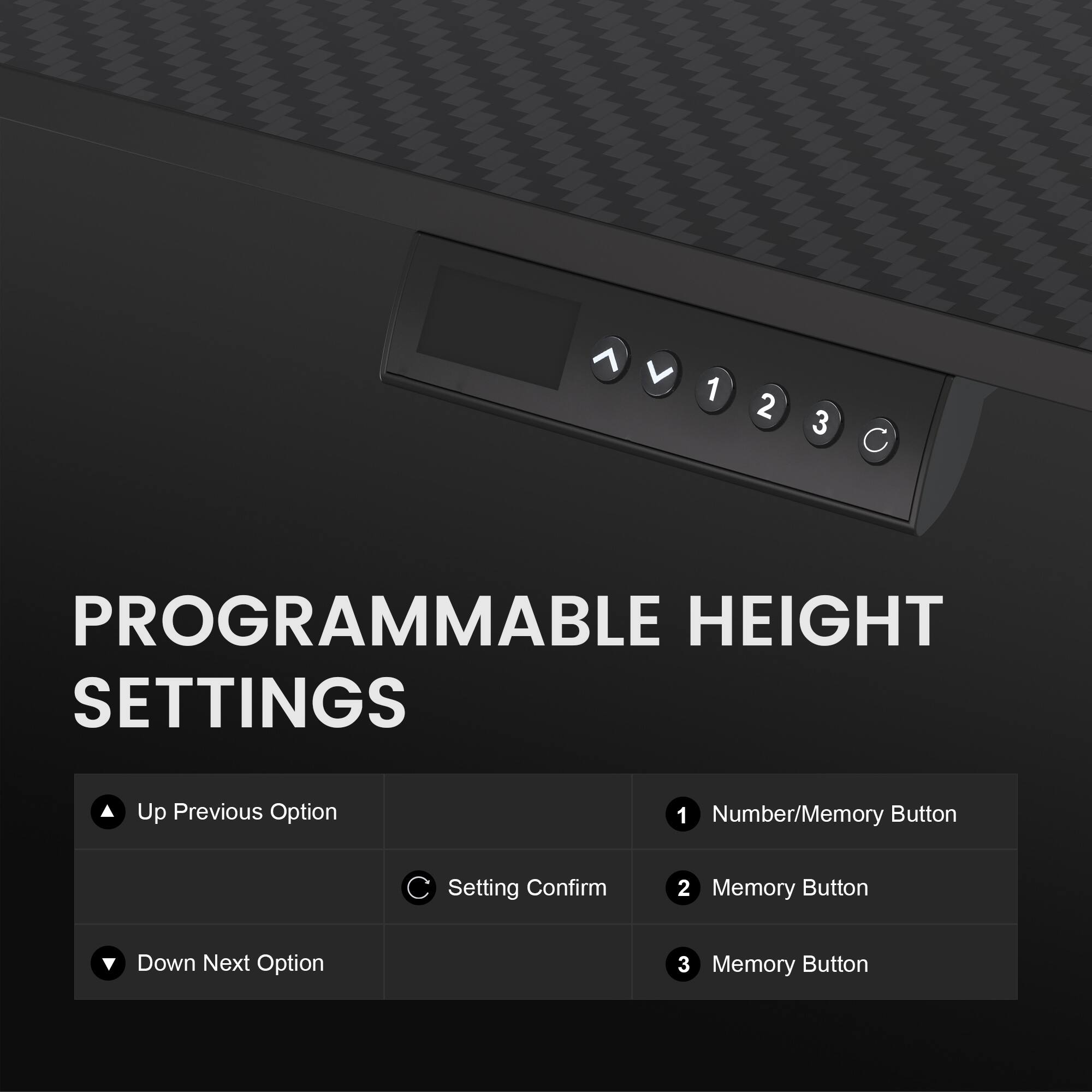 PROGRAMMABLE HEIGHT SETTINGS

- Up Previous Option
- Down Next Option
- Setting Confirm

1. Number/Memory Button
2. Memory Button
3. Memory Button