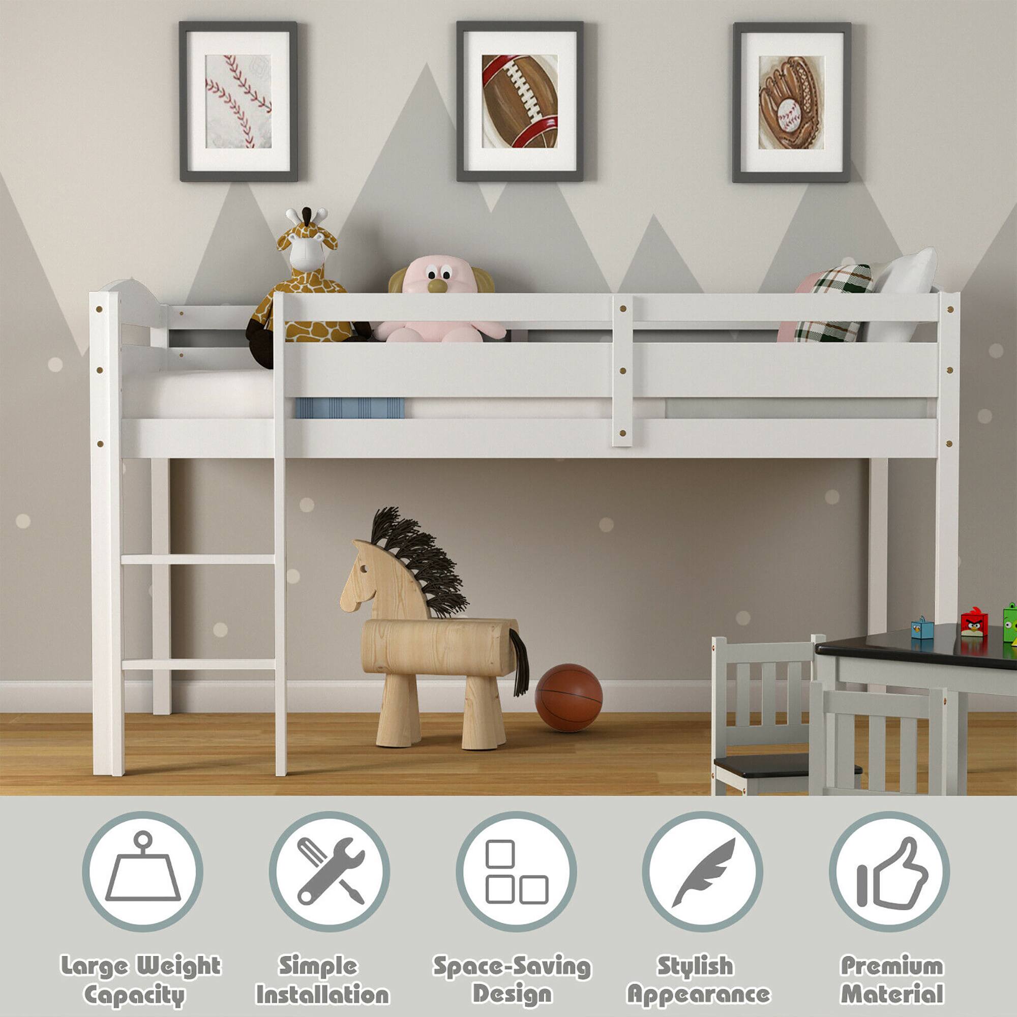 Alt View 5. Costway - Costway Twin Low Loft Bunk Junior Bed Bedroom Wooden Guard Rail Ladder - White.