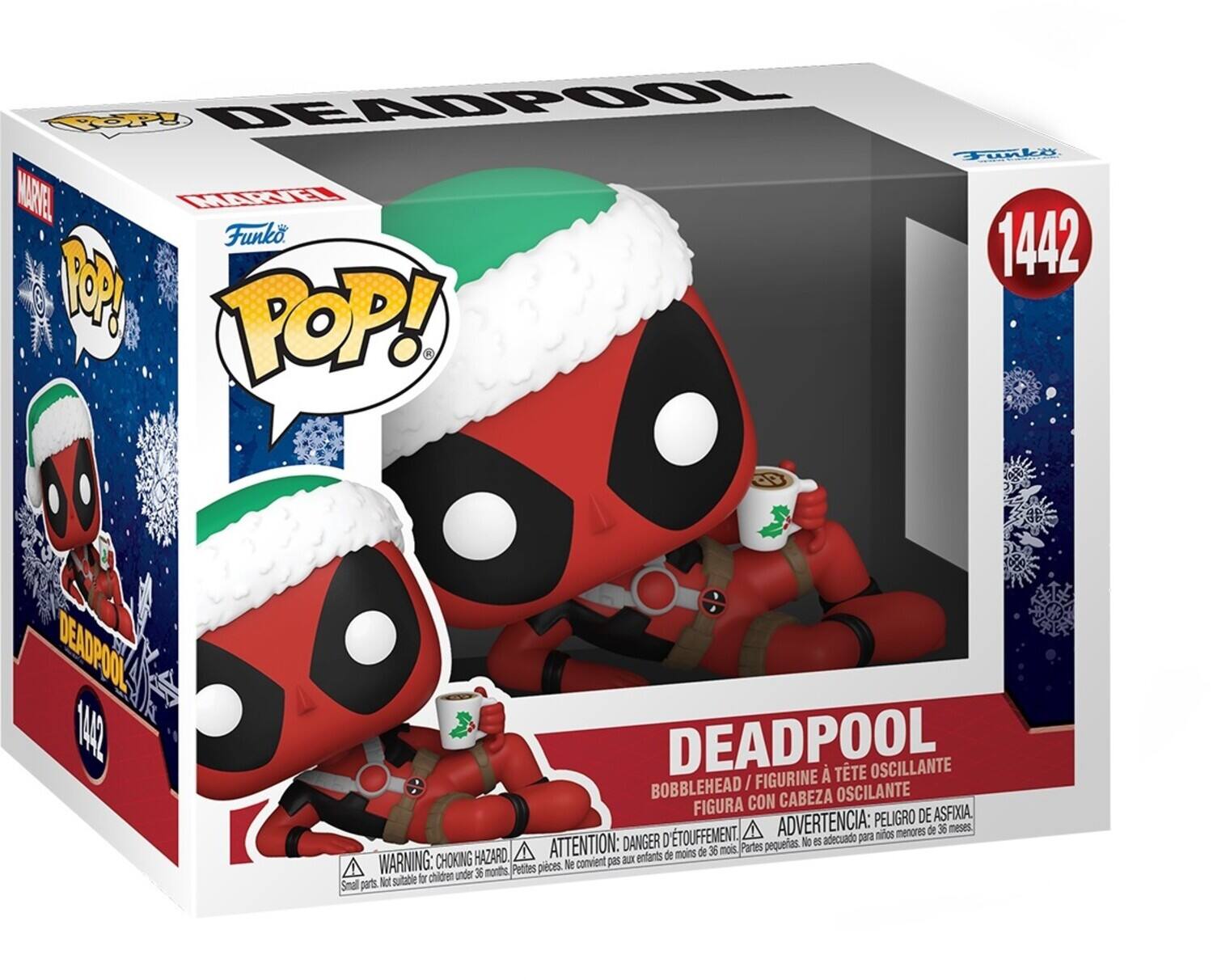 Sure, here is the corrected and grouped text from the image:

---

**Front:**

- **Top Left:** Marvel
- **Top Center:** Deadpool
- **Top Right:** 1442
- **Middle Left:** Funko POP!
- **Middle Center:** Deadpool
- **Middle Right:** BOBBLEHEAD / FIGURINE À TÊTE OSCILLANTE / FIGURA CON CABEZA OSCILANTE
- **Bottom:** WARNING: CHOKING HAZARD. Small parts. Not suitable for children under 3 years. ATTENTION: DANGER D'ÉTOUFFEMENT. Petites pièces. Ne convient pas aux enfants de moins de 3 ans.

**Side:**

- **Top:** Funko
- **Middle:** POP!
- **Bottom:** WARNING: CHOKING HAZARD. Small parts. Not suitable for children under 3 years. ATTENTION: DANGER D'ÉTOUFFEMENT. Petites pièces. Ne convient pas aux enfants de moins de 3 ans.

**Back:**

- **Top Left:** Marvel
- **Top Center:** Funko POP!
- **Middle Left:** Deadpool
- **Middle Right:** 1442
-