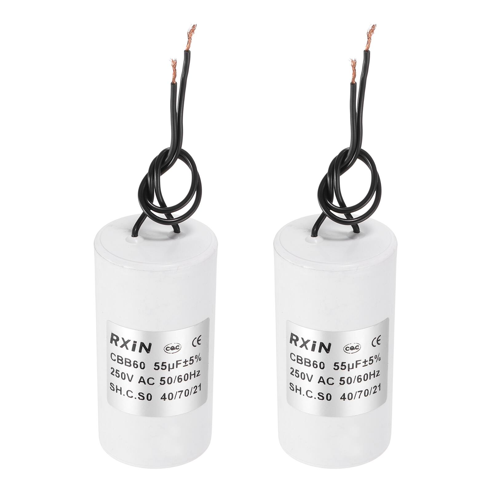 Unique Bargains - 2pcs 55uF CBB60 Running Capacitor, AC 250V Cylinder 2 Wire for Air Conditioner, Compressor, Washing Machine - White