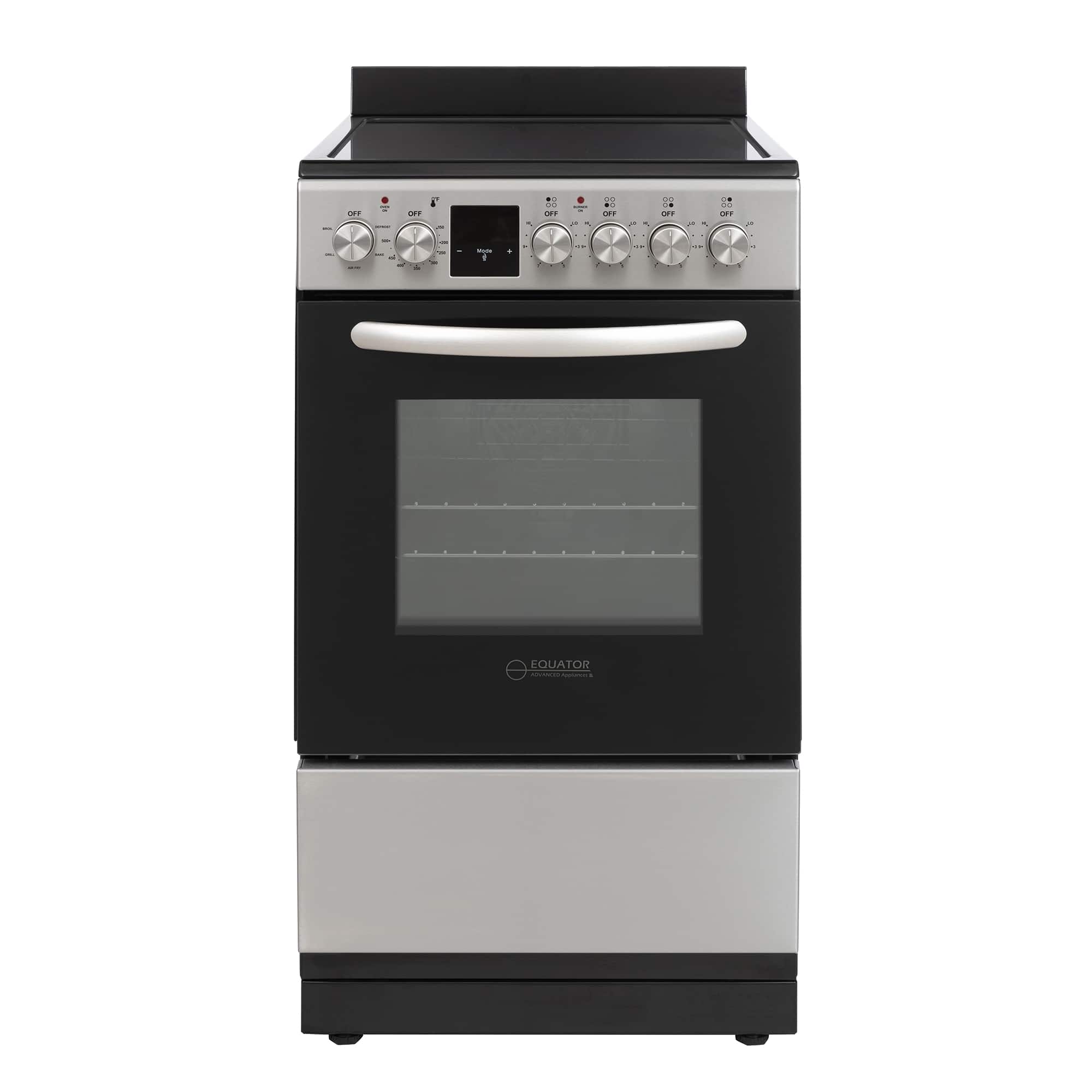 Equator - 20" Electric Cooking Range with 4 Ceramic Burners, Convection Oven, Air Fryer, Bake, Grill + Drawer (220V) - Stainless Steel