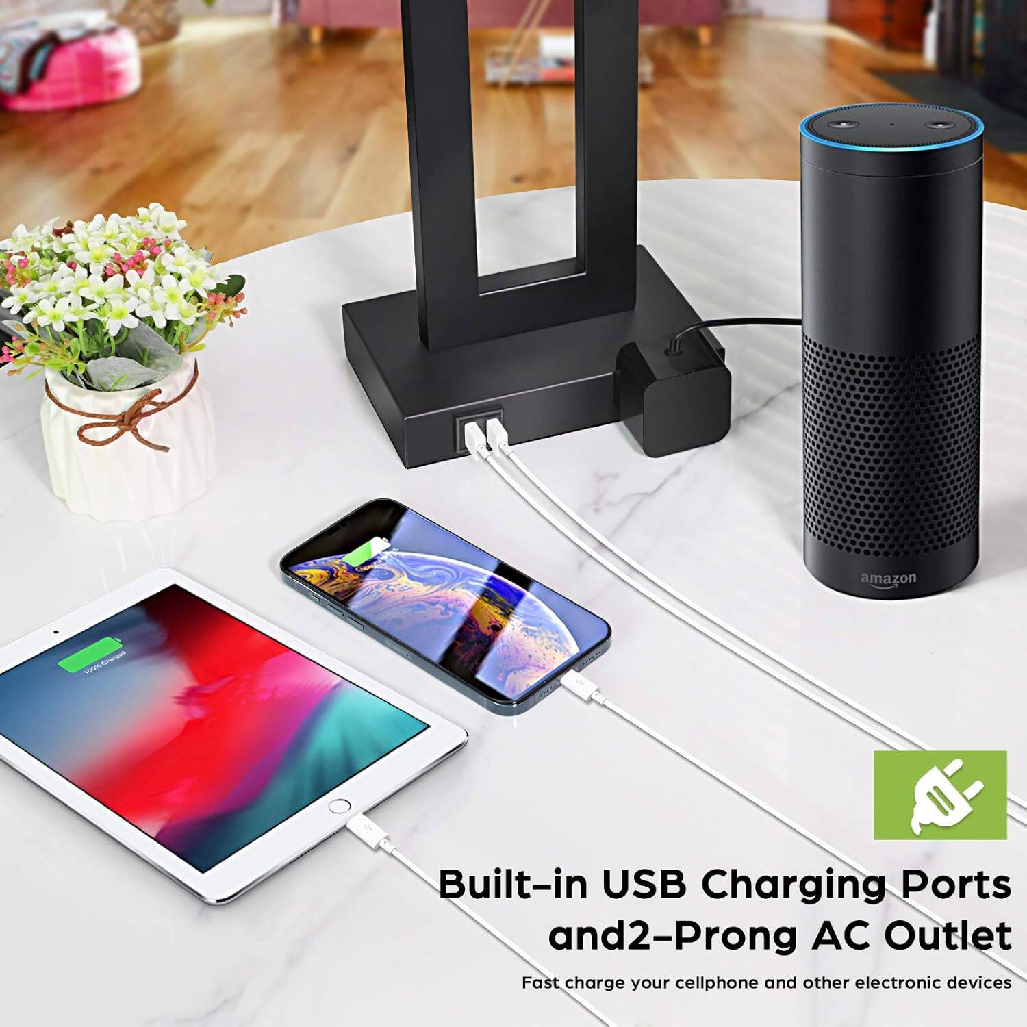 amazon - Built-in USB Charging Ports and 2-Prong AC Outlet Fast charge your cellphone and other electronic devices