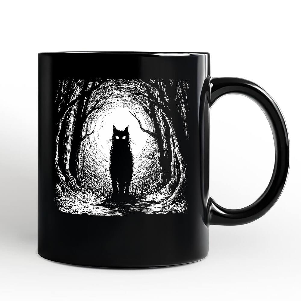 OrnamentallyYou - Haunted Forest Cat Mug, Spooky Halloween Night Gift - Black