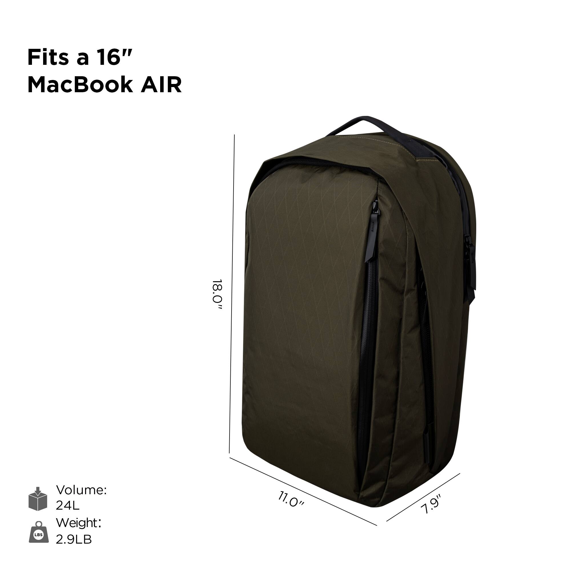 Fits a 16" MacBook AIR

Volume: 24L

Weight: 2.9LB

Dimensions: 18.0" x 11.0" x 7.9"