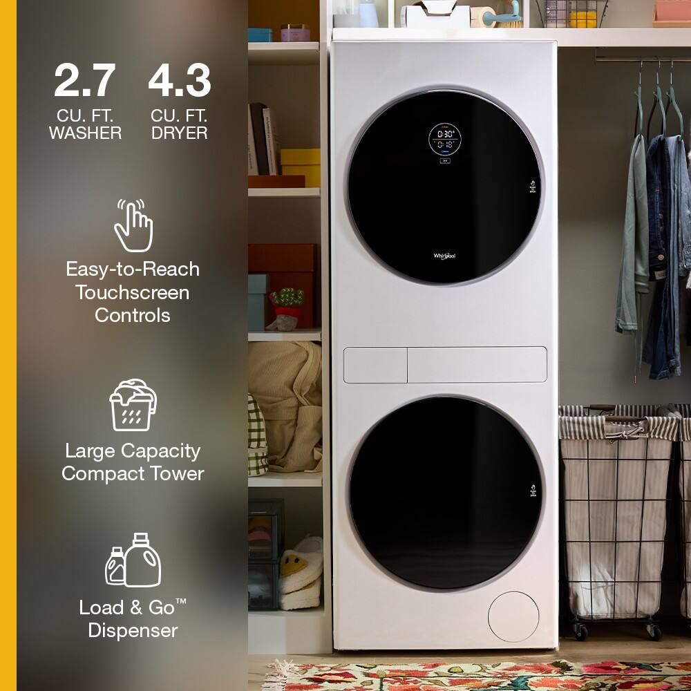 2.7 CU. FT. WASHER  
4.3 CU. FT. DRYER  

- Easy-to-Reach Touchscreen Controls  
- Large Capacity Compact Tower  
- Load & Go™ Dispenser