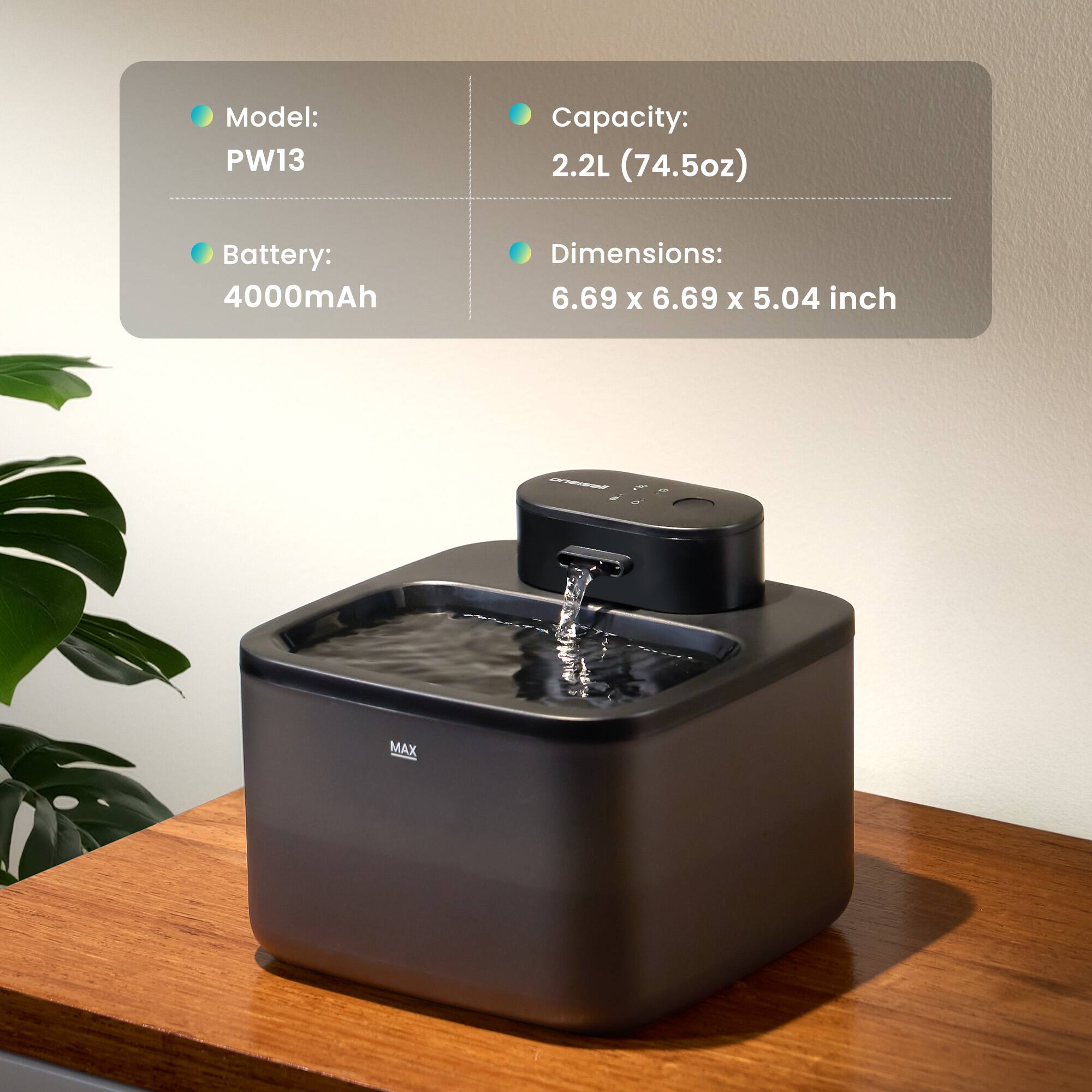 Model: PW13  
Capacity: 2.2L (74.5oz)  
Battery: 4000mAh  
Dimensions: 6.69 x 6.69 x 5.04 inch