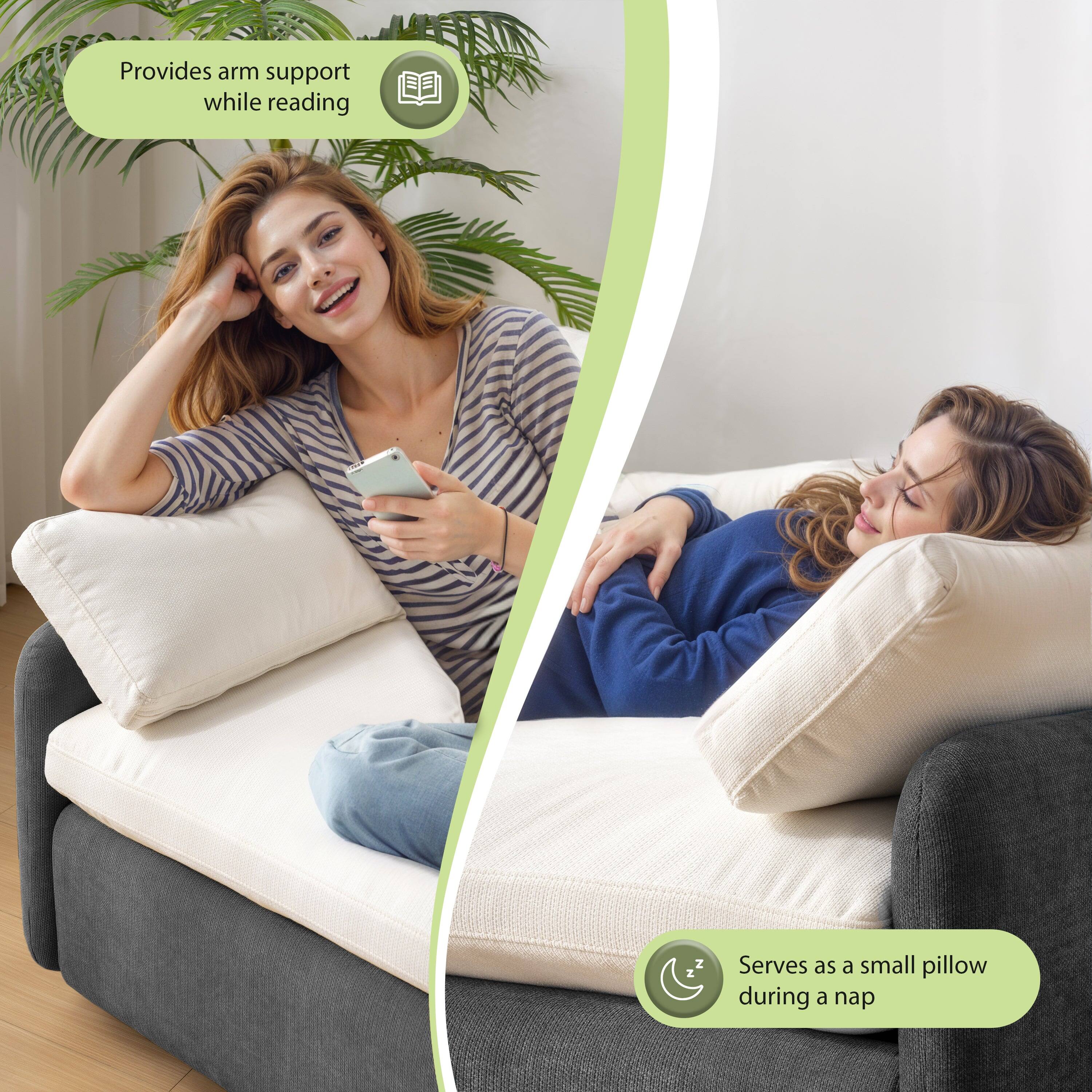 Provides arm support while reading  
Serves as a small pillow during a nap