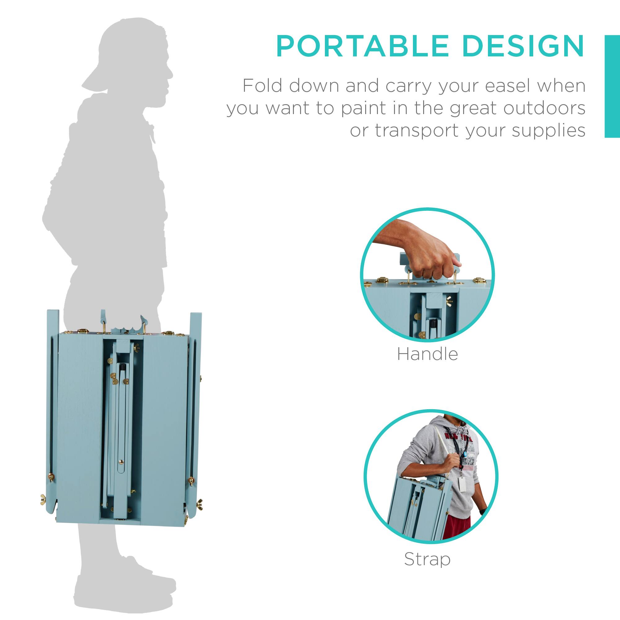 PORTABLE DESIGN

Fold down and carry your easel when you want to paint in the great outdoors or transport your supplies

Handle

Strap