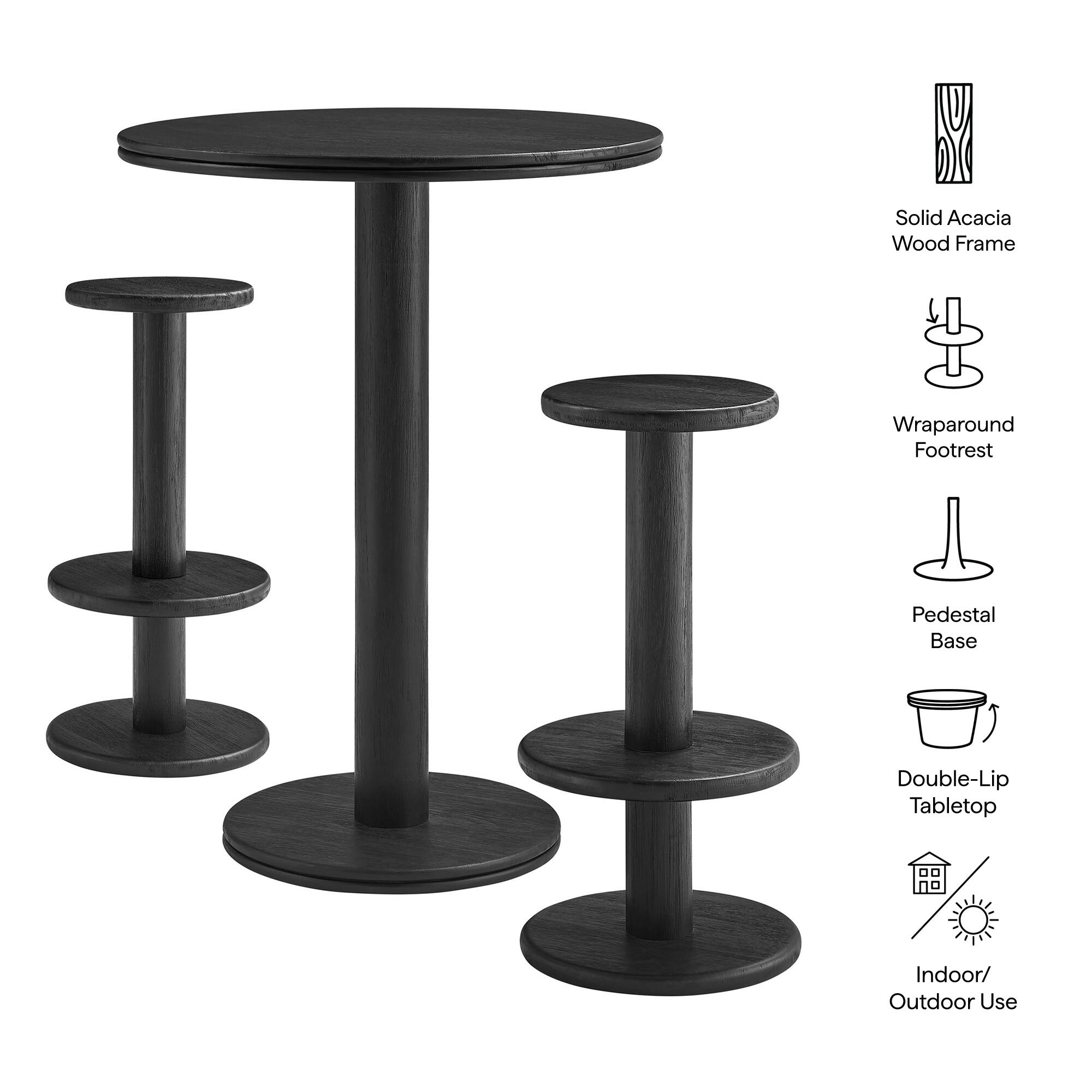 Solid Acacia Wood Frame  
Wraparound Footrest  
Pedestal Base  
Double-Lip Tabletop  
Indoor/Outdoor Use