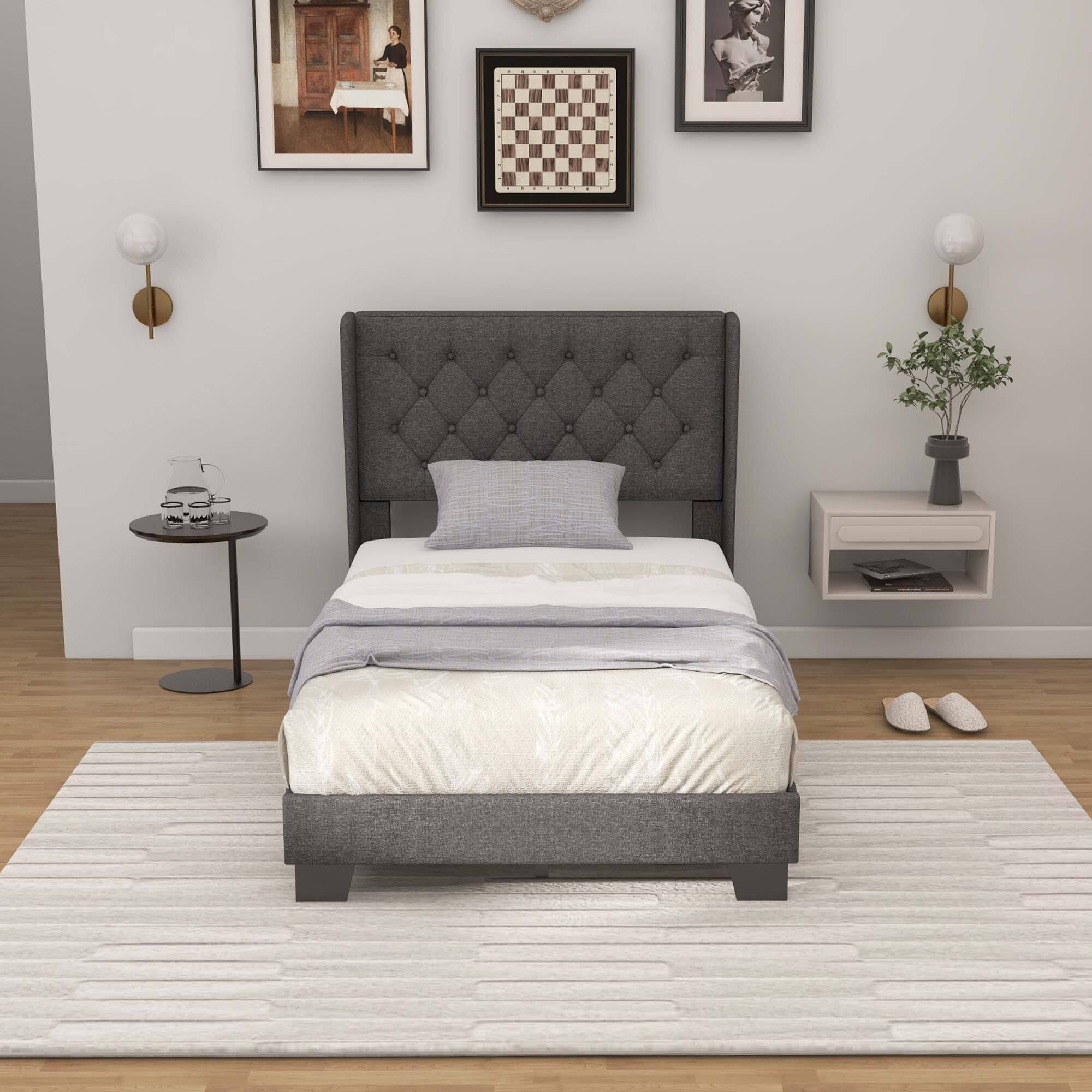 Alt View 4. Costway - Costway Twin Size Upholstered Platform Bed Tufted Headboard Mattress Foundation - Grey.