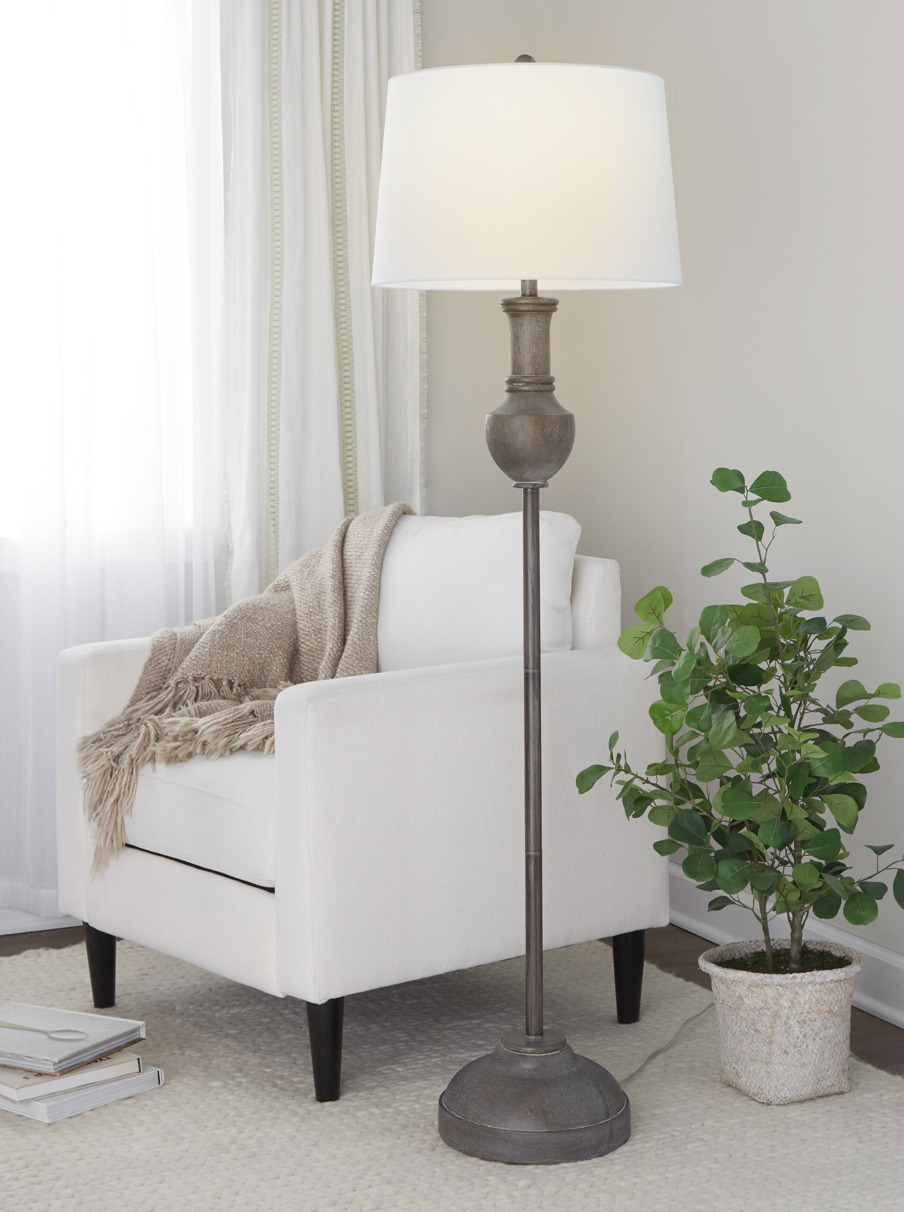 Angle. Loheer - Loheer 61.5" Contemporary Polyresin Floor Lamp Acid Grey Wood Finish White Linen Shade - White.