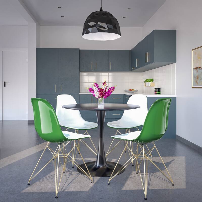 Angle. LeisureMod - Cresco 4-Pieces Modern Acrylic Dining Chair with Ergonomic Seat and Gold Eiffel Base for Indoor Outdoor - White Green.