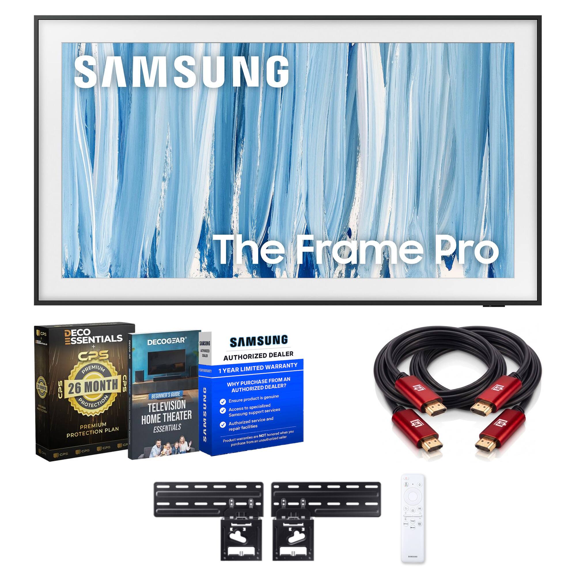 SAMSUNG  
The Frame Pro  

DECO ESSENTIALS  
DECOGEAR  
SAKING  
SAMSUNG  
MAG  
CPS  
BUG  
AUTHORIZED DEALER  
PREMIUM  
1 YEAR LIMITED WARRANTY  
1 FROM AN MONTH  
CPS  
26 GUIDE  
AUTHORIZED  
BEGINNER'S  
product  
genuine  
PROTECTIONS  
Ensure  
TELEVISION /  
Access to specialized support services  
THEATER  
SASSUMO  
Samsung and HOME  
Authorized service  
PREMIUM PLAN  
ESSENTIALS  
repair facilities  
PROTECTION  
aben you m  
ADT beserved warranded.  
www.forted  

Product not an purchate