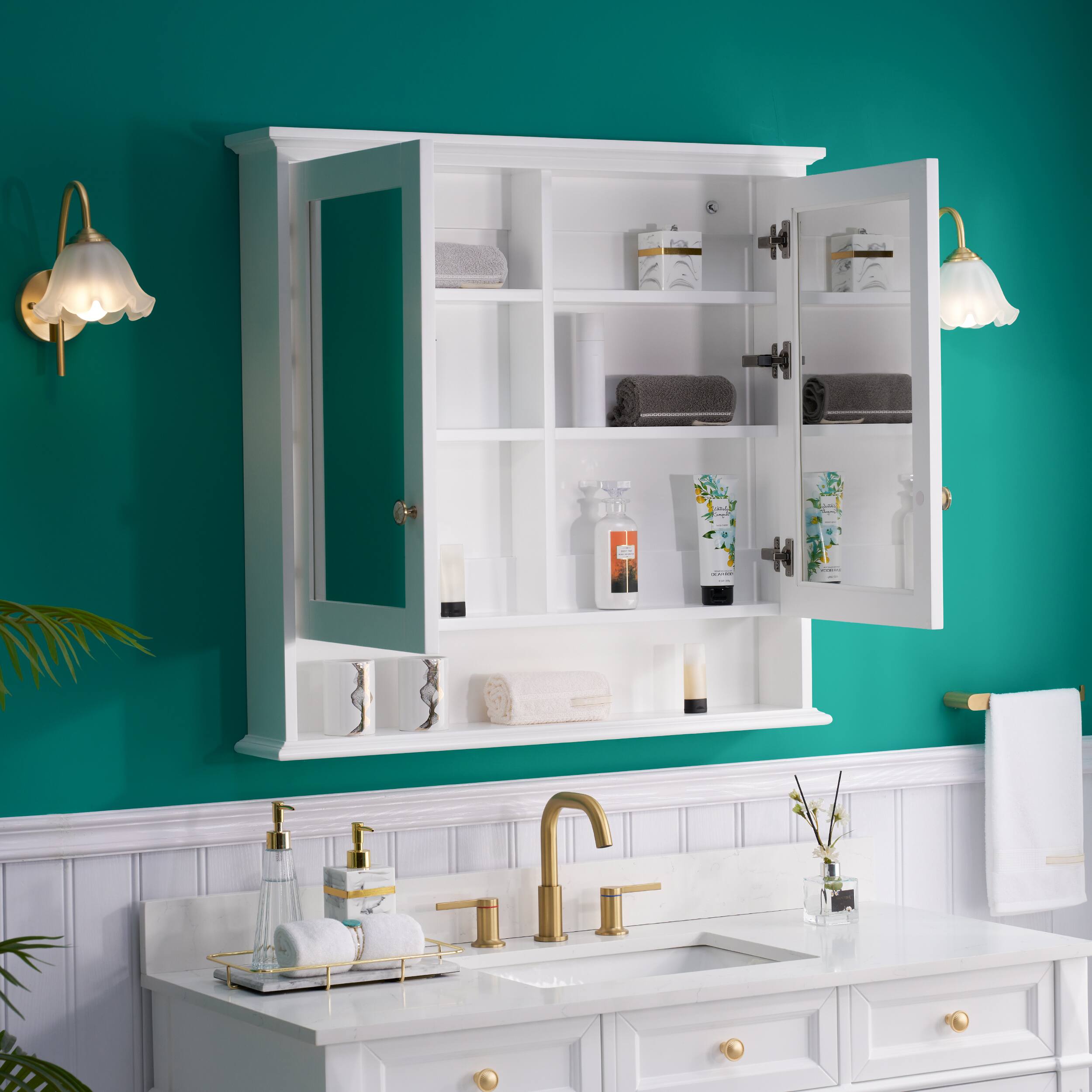 Back. WELLFOR - 36-Inch W x 24-Inch H Surface-Mount Solid Rubberwood Medicine Cabinet with Double Mirrored Doors - White.
