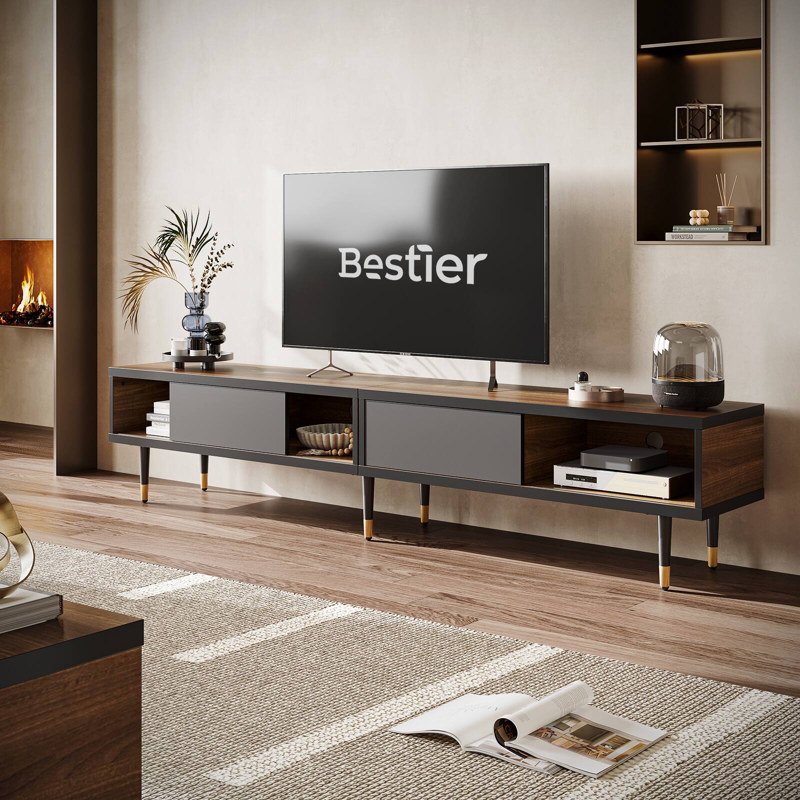 Back. Bestier - Bestier 80-Inch Mid-Century Modern Coffee Table with Sliding Doors for Living Room - Ancona Walnut.