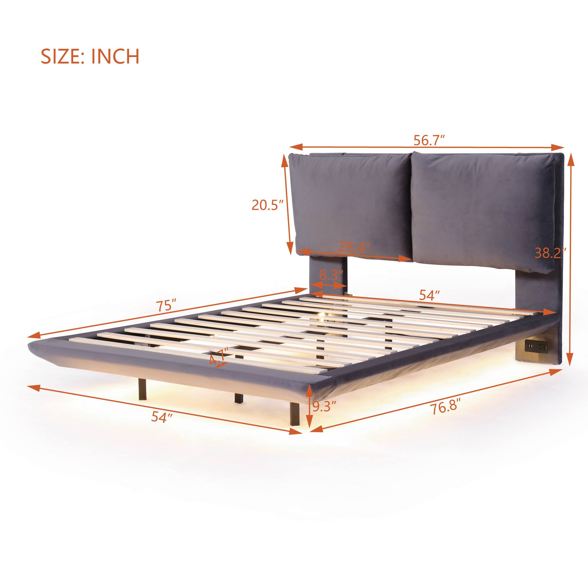 SIZE: INCH

- 56.7"
- 20.5"
- 75"
- 28.4"
- 8.3"
- 54"
- 38.2"
- 9.3"
- 76.8"