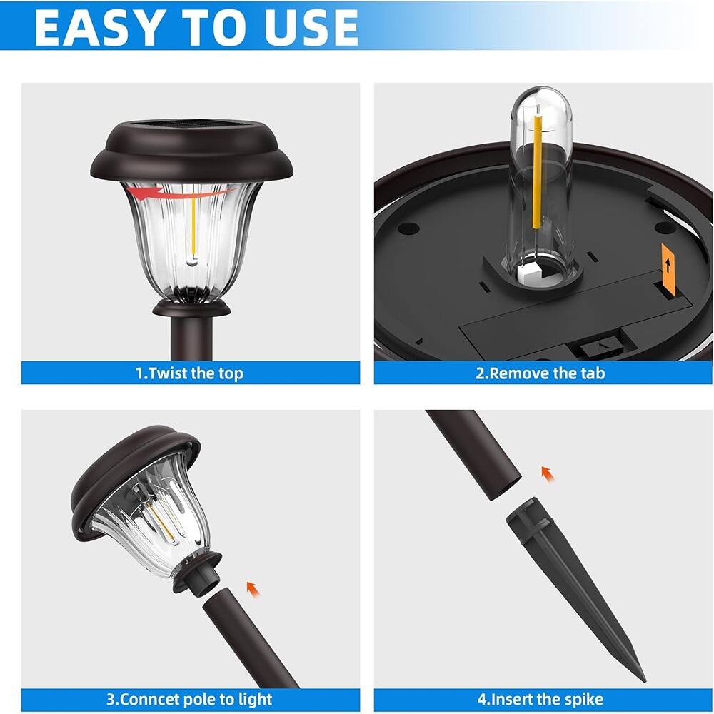 EASY TO USE

1. Twist the top

2. Remove the tab

3. Connect pole to light

4. Insert the spike
