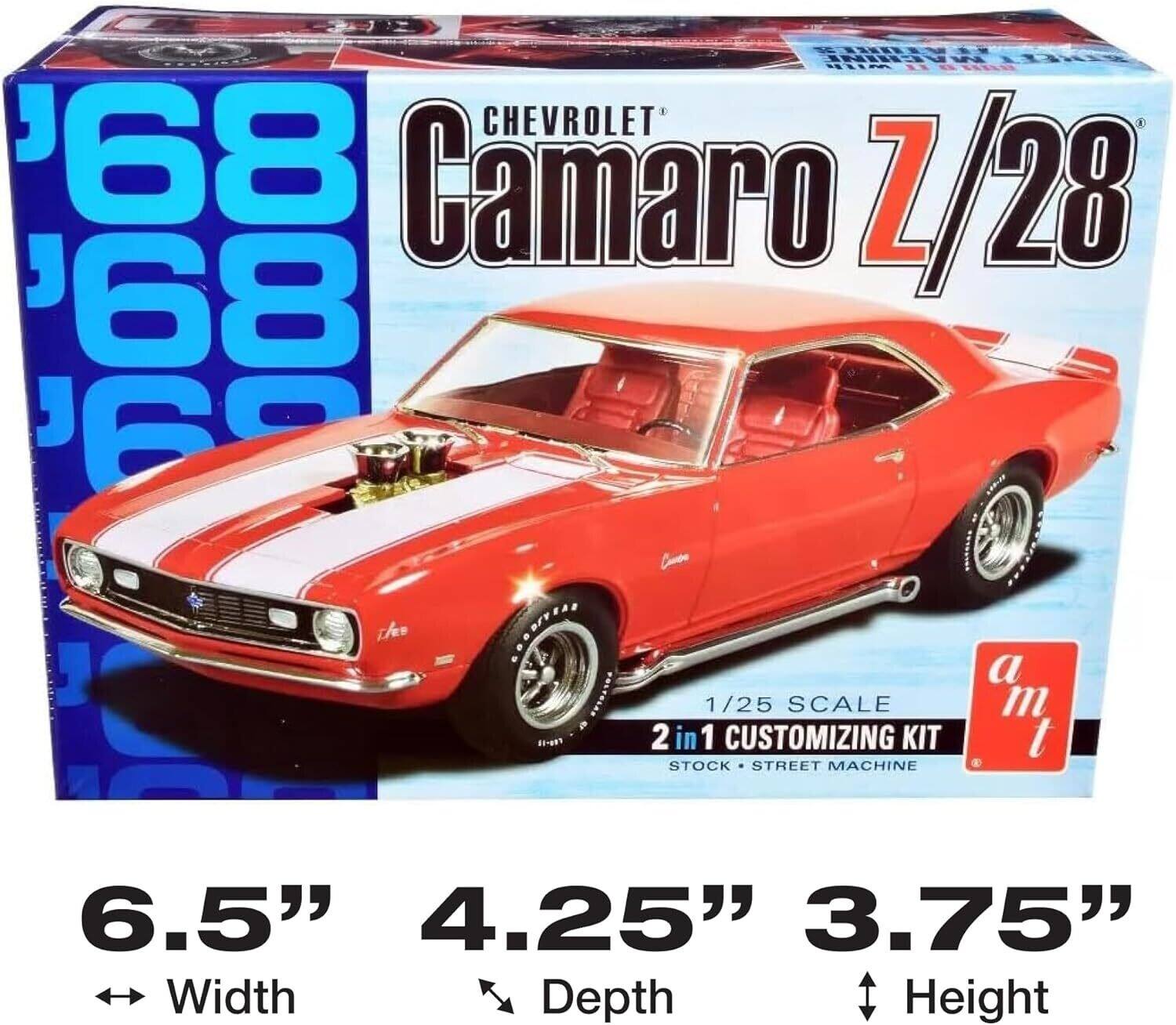 CHEVROLET '68 Camaro Z/28  
1/25 SCALE  
2 in 1 CUSTOMIZING KIT  
STOCK • STREET MACHINE  

6.5" Width  
4.25" Depth  
3.75" Height