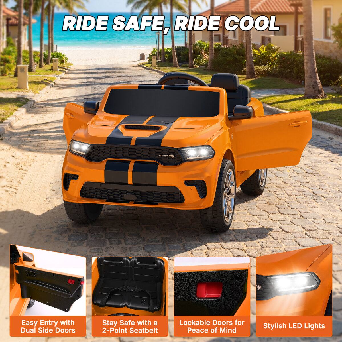 RIDE SAFE, RIDE COOL

- Easy Entry with Dual Side Doors
- Stay Safe with a 2-Point Seatbelt
- Lockable Doors for Peace of Mind
- Stylish LED Lights