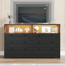 Jojoka - 6 Drawer Dresser for Bedroom, 55" Wood Chest of Drawers with Charging Station, LED Lights - Black