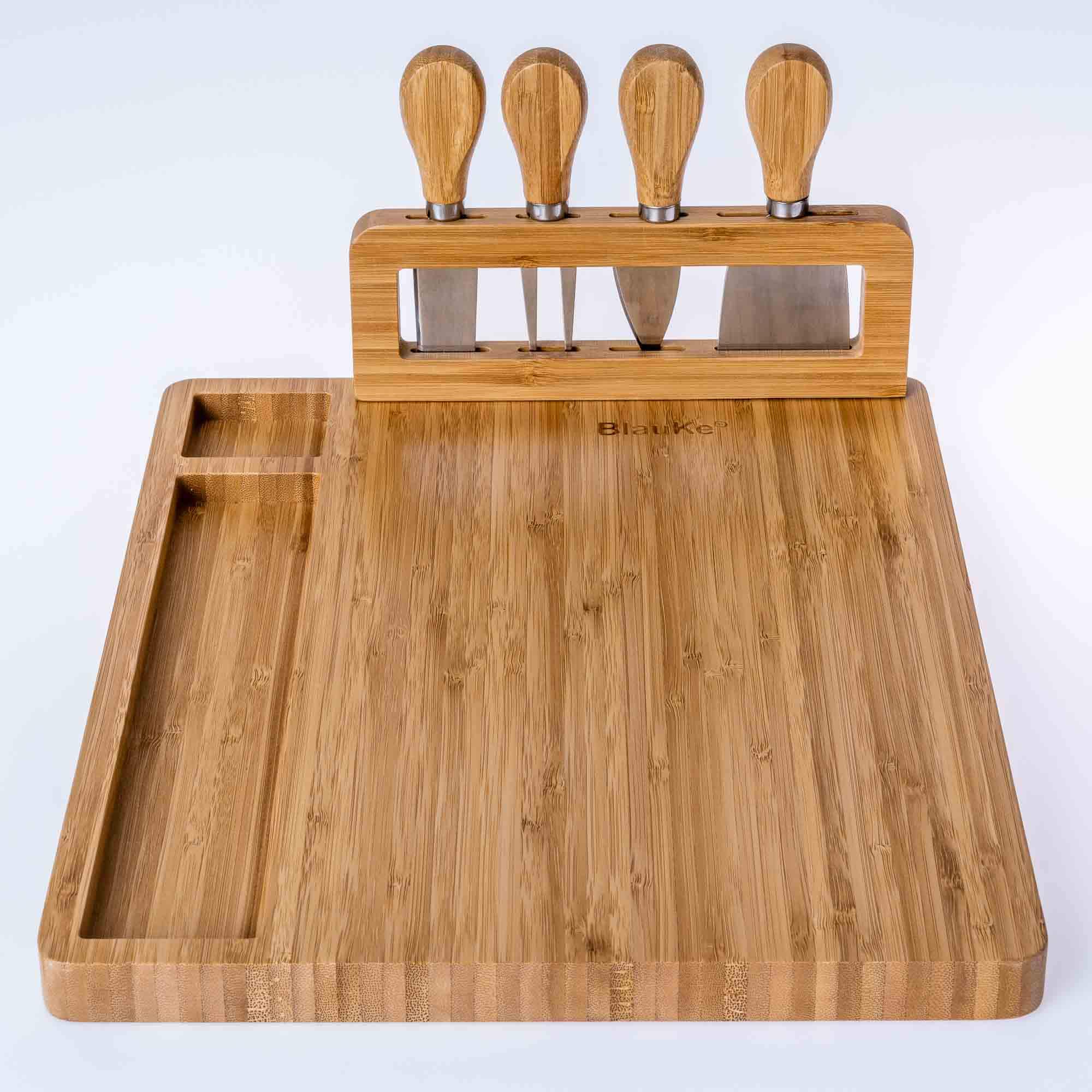 Alt View 7. BlauKe - Bamboo Cheese Board and Knife Set - 14x11 inch Charcuterie Board with 4 Cheese Knives - Wood Serving Tray - Beige.