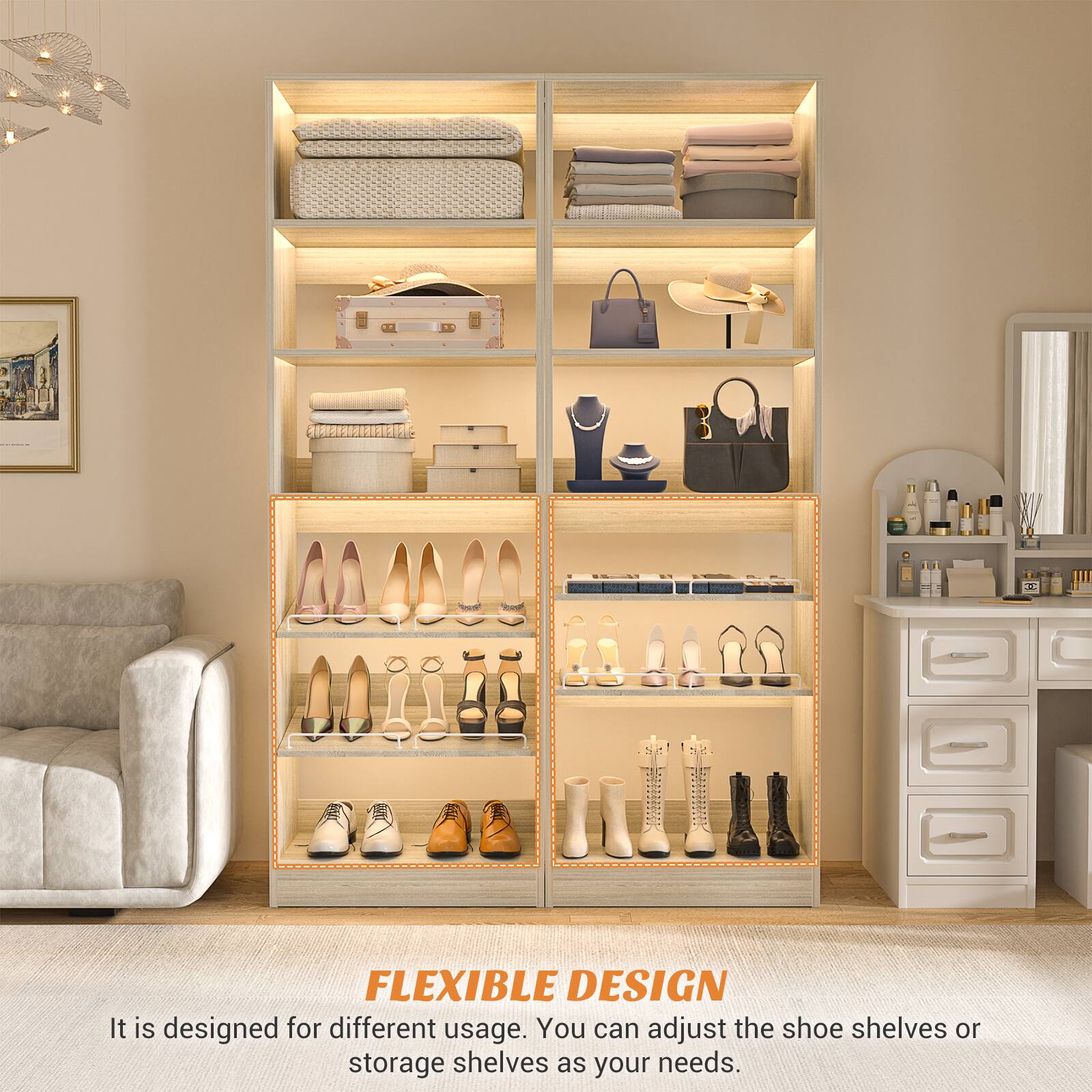 FLEXIBLE DESIGN  
It is designed for different usage. You can adjust the shoe shelves or storage shelves as your needs.