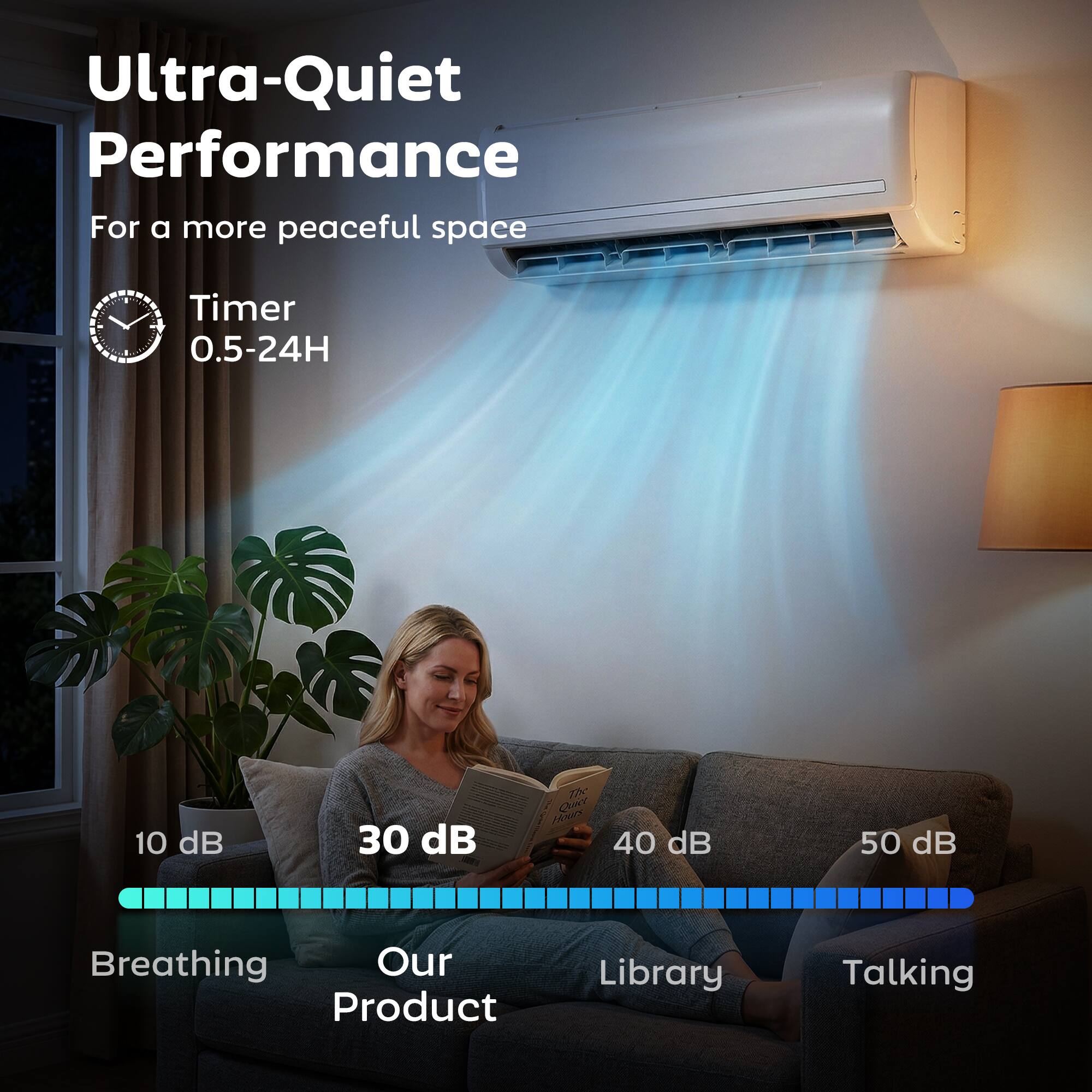 Ultra-Quiet Performance  
For a more peaceful space  

Timer 0.5-24H  

10 dB  
30 dB  
40 dB  
50 dB  

Breathing  
Our Product  
Library  
Talking