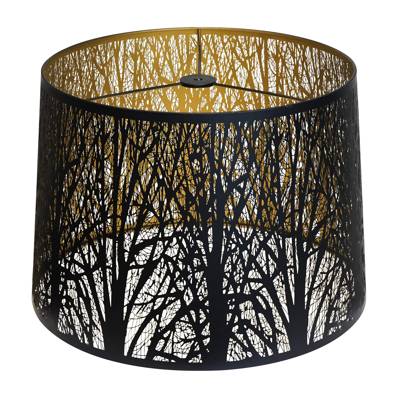 Alucset - Metal Large Drum Lamp Shade Etched Forest Replacement for Table and Floor Lamps - Finished - Spider Fitter - Black & Gold