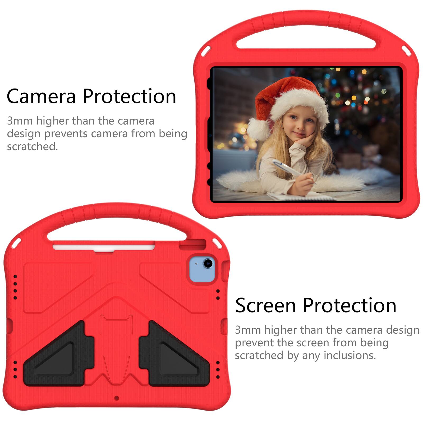 Camera Protection  
3mm higher than the camera design prevents camera from being scratched.  

Screen Protection  
3mm higher than the camera design prevents the screen from being scratched by any inclusions.