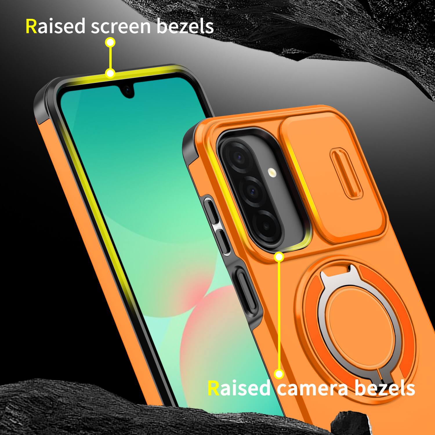 Raised screen bezels  
Raised camera bezels