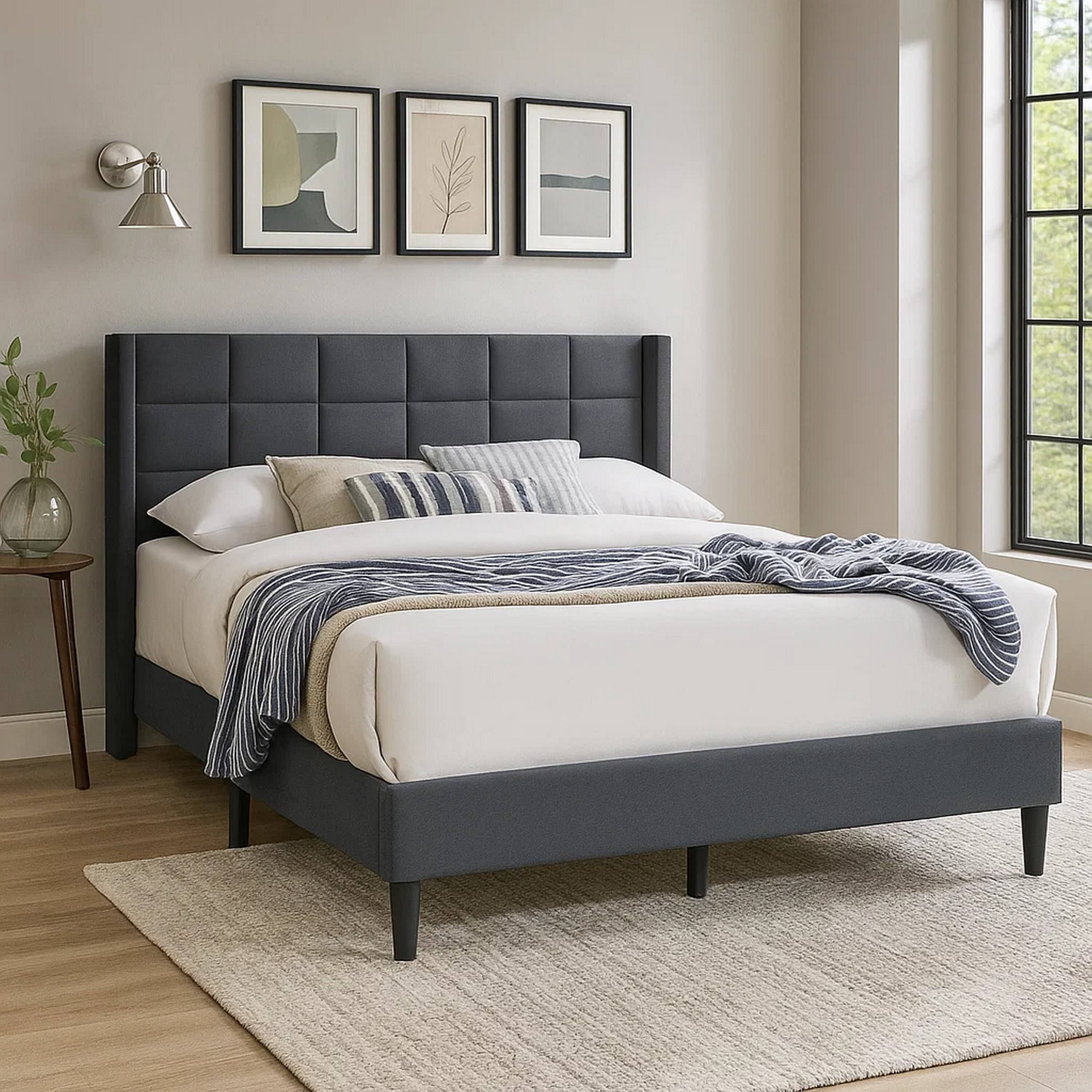 Alt View 3. Manhattan Lane - Zensa Full Bed, Charcoal Gray Linen Upholstery, Padded Wing Headboard - Charcoal Gray, Black.