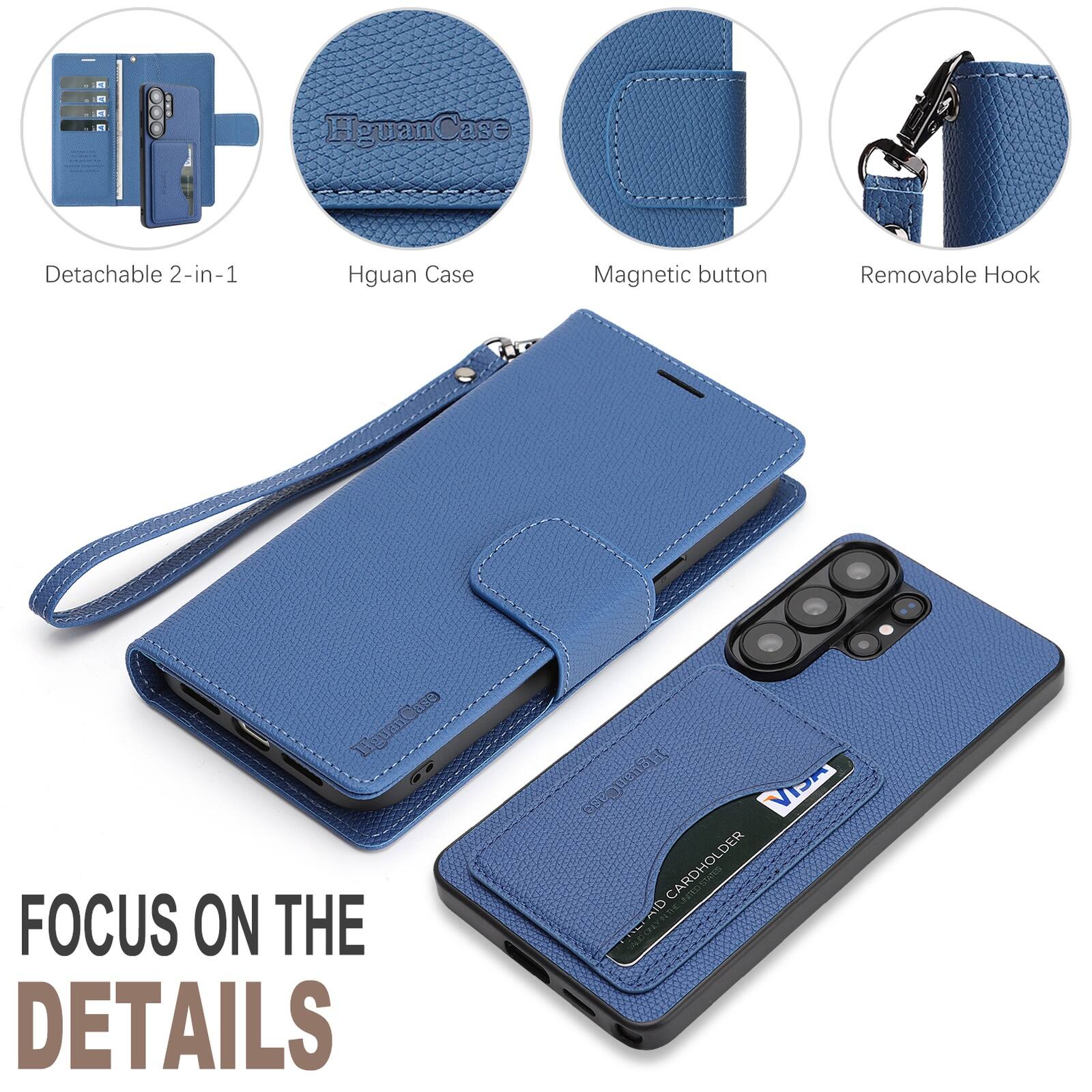 - HguanCase
- Detachable 2-in-1
- Magnetic button
- Removable Hook
- FOCUS ON THE DETAILS
- VISA
- DB
- CARDHOLDER
- HO
- LTAID
- AID