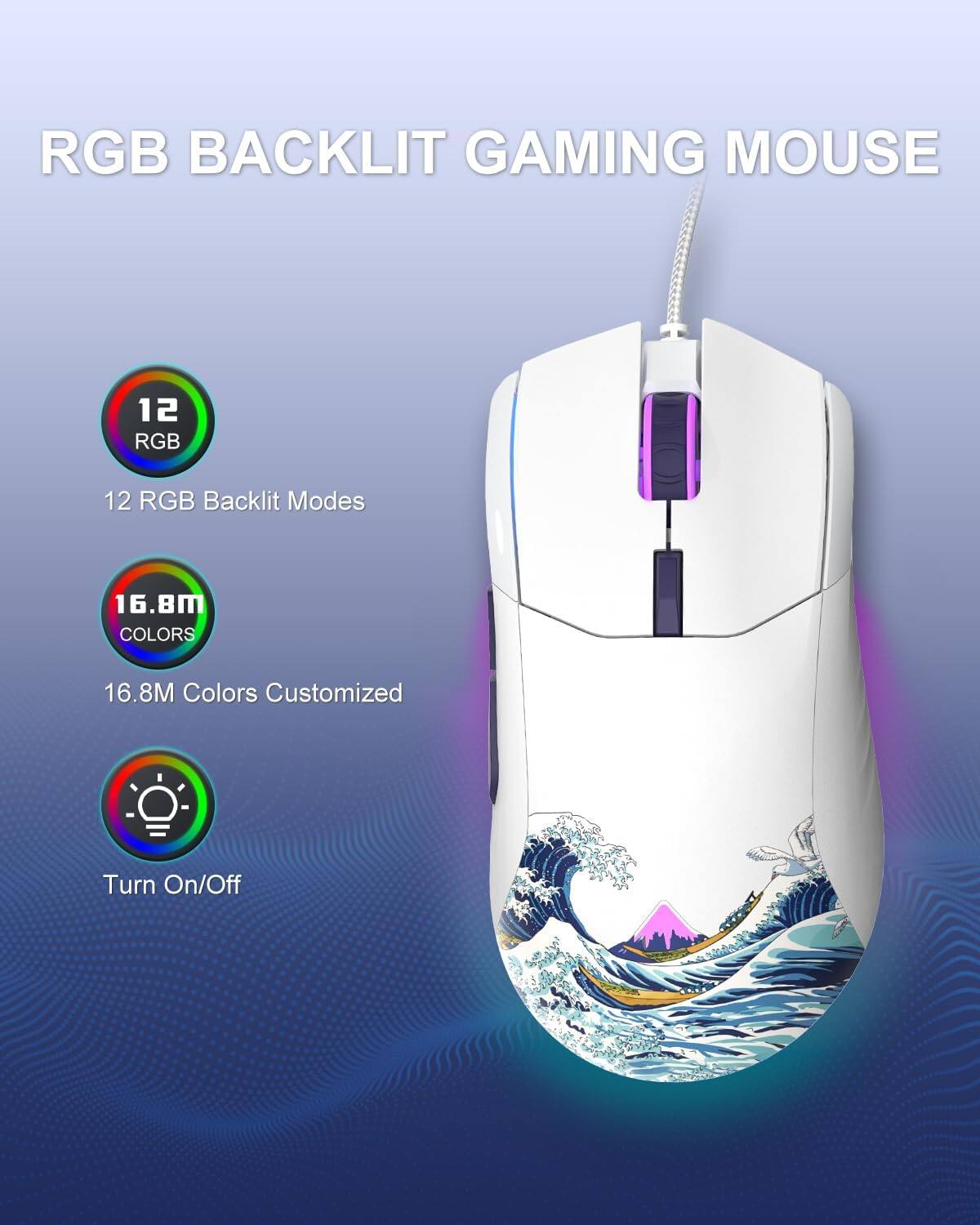 RGB BACKLIT GAMING MOUSE

12 RGB Backlit Modes

16.8M Colors Customized

Turn On/Off