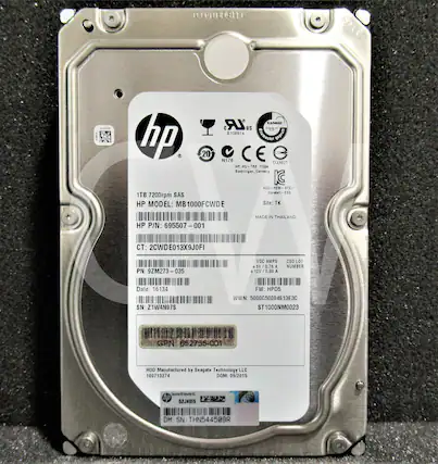 CEMPOESI BOLE LR AMES C US : 106814 undag hp Anwwier 20 N176 CE D3M7 - N0- TRE 7100 Boeblingen Cerwary KC ECC- REM STX- Conetall- 53 1TB 7200pm SAS HP MODEL: MB1000FCWDE Site: TK HP P/N: 595507- 001 MADE IN THAILAND CT: 2CWDE013X9J0FI PN: 92M273-0 035 VDC AMPS +5V / 0.75 A . 12V / 0.99 A A CSO LO1 NUMBER Date: 16134 SN: Z1W4N97S FW: HPD5 WWN: 5000C50084613E3C ST1000NM0023 ST GPN 652755-001 HDD Manufactured by Seagate Technology LLC 10071
