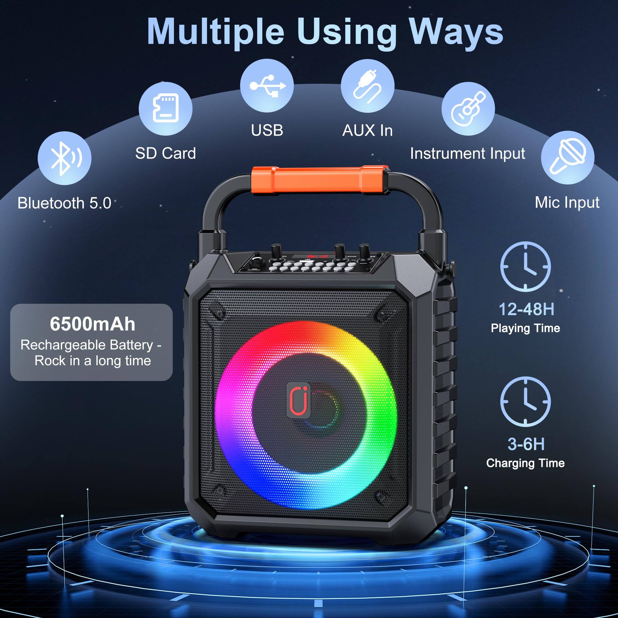 Multiple Using Ways

- SD Card
- USB
- AUX In
- Instrument Input
- Mic Input
- Bluetooth 5.0

6500mAh Rechargeable Battery - Rock in a long time

12-48H Playing Time

3-6H Charging Time