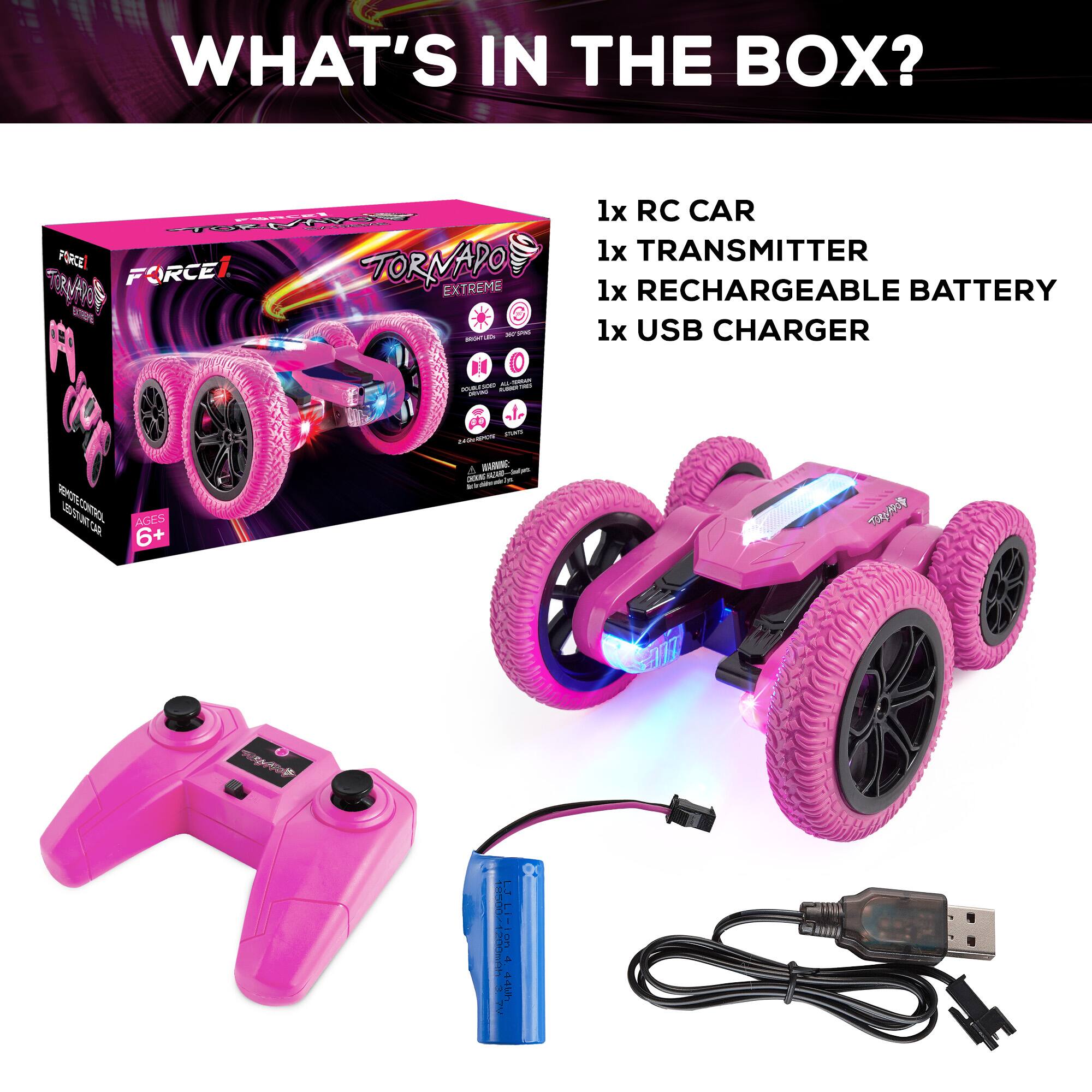 WHAT'S IN THE BOX? 1x RC CAR 1x TRANSMITTER 1x RECHARGEABLE BATTERY 1x USB CHARGER