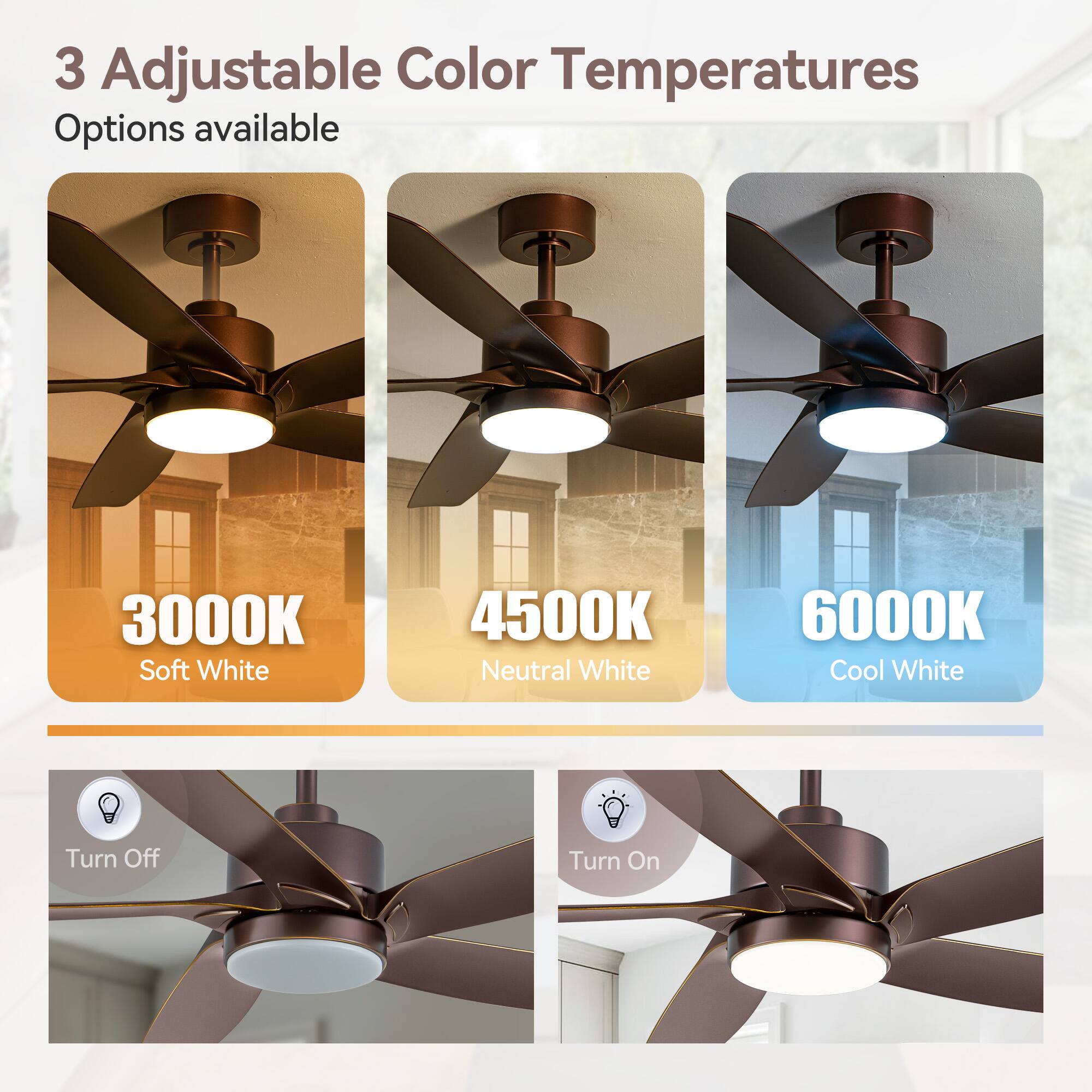 3 Adjustable Color Temperatures Options available
3000K Soft White
4500K Neutral White
6000K Cool White
Turn Off
Turn On
