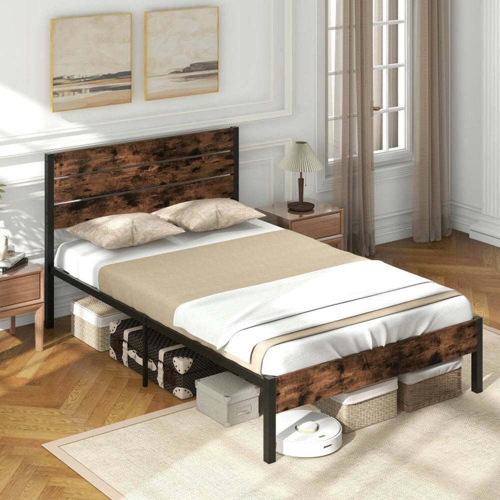 Back. Kadyn - Platform Bed Frame, Bedroom Bed Frame,Full/King/Queen/Twin Size Bed Frame with High Headboard and Mute Bar-Full Size - Brown.