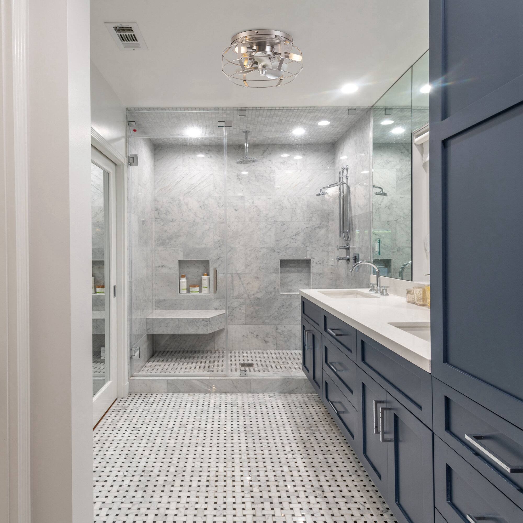 Angle. Parrot Uncle - 12.2" Industrial Metal Caged Flush Mount Ceiling Fan with Light - Nickel.