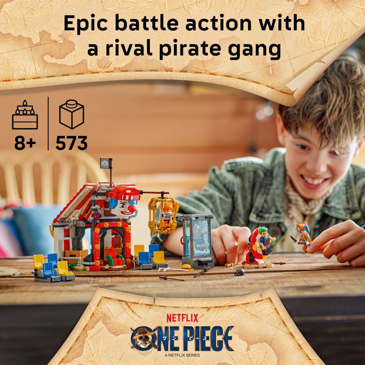 Epic battle action with a rival pirate gang. 8+ 573. NETFLIX. ONE PIECE.