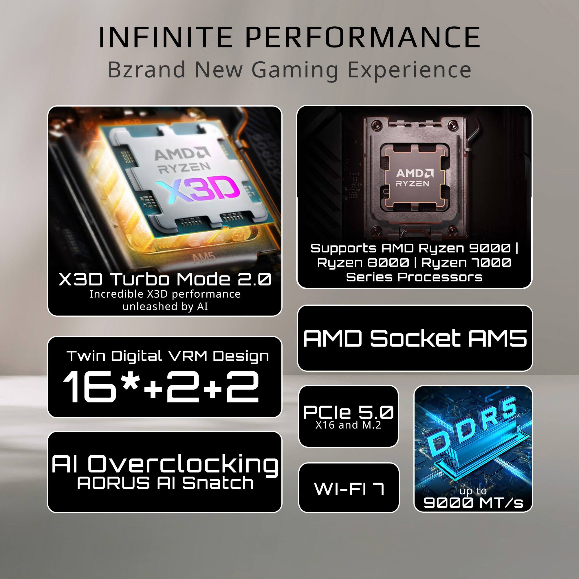 INFINITE PERFORMANCE  
Bzrand New Gaming Experience  

AMDA RYZEN X3D 222  
AM5 X3D Turbo Mode 2.0  
Incredible X3D performance unleashed by AI  

Supports AMD Ryzen 9000 | Ryzen 8000 | Ryzen 7000 Series Processors  
AMD Socket AM5  

Twin Digital VRM Design 16*+2+2  
PCIe 5.0 X16 and M.2  
DDR5  
AI Overclocking AORUS AI Snatch  
WI-FI 7  
up to 9000 MT/s