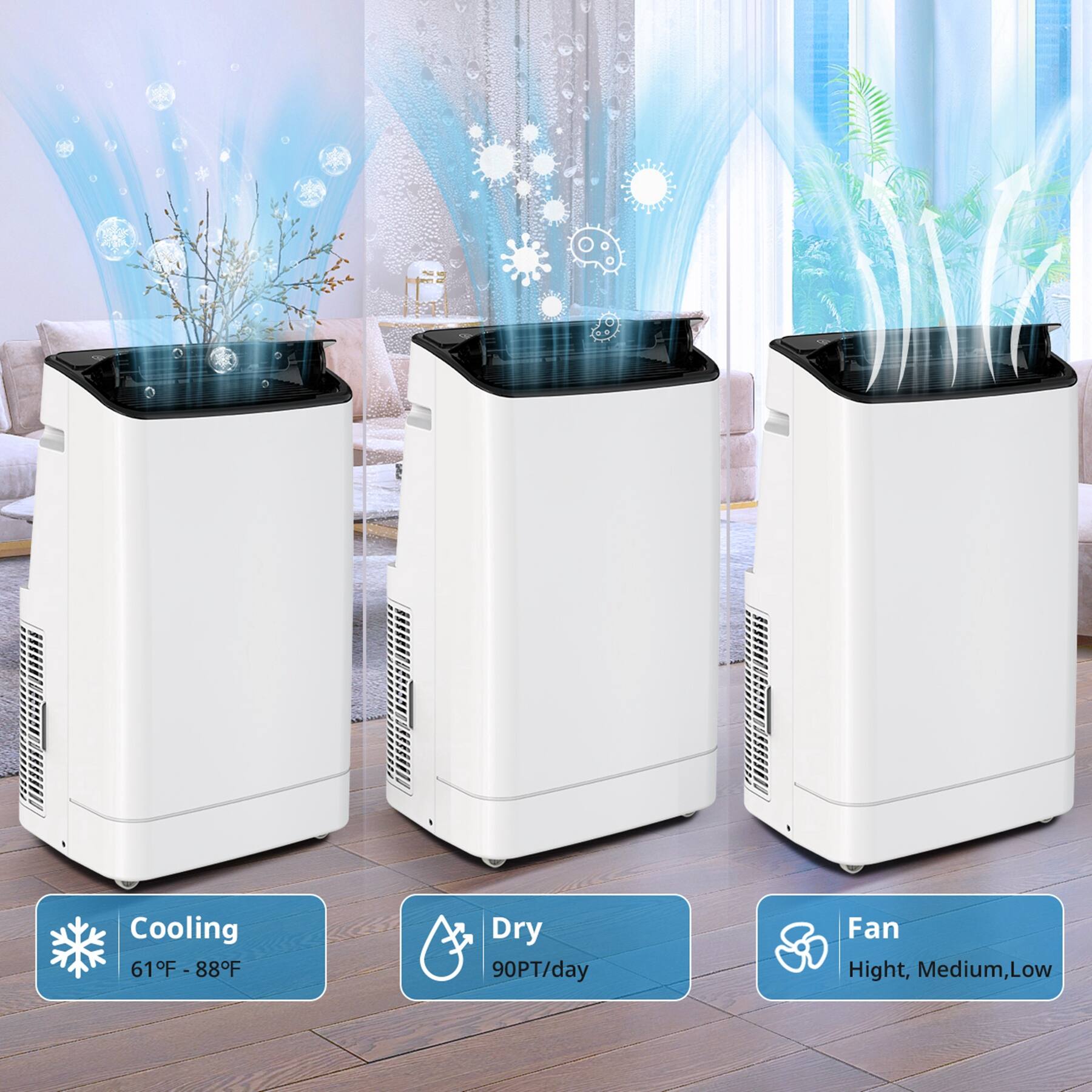 Cooling  
61°F - 88°F  

Dry  
90PT/day  

Fan  
High, Medium, Low