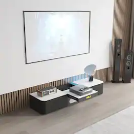 POVISON - 63" Modern TV Stand for Projector Sintered Stone TV Cabinet with Drawers for Home Theater, Black & White - White & Black