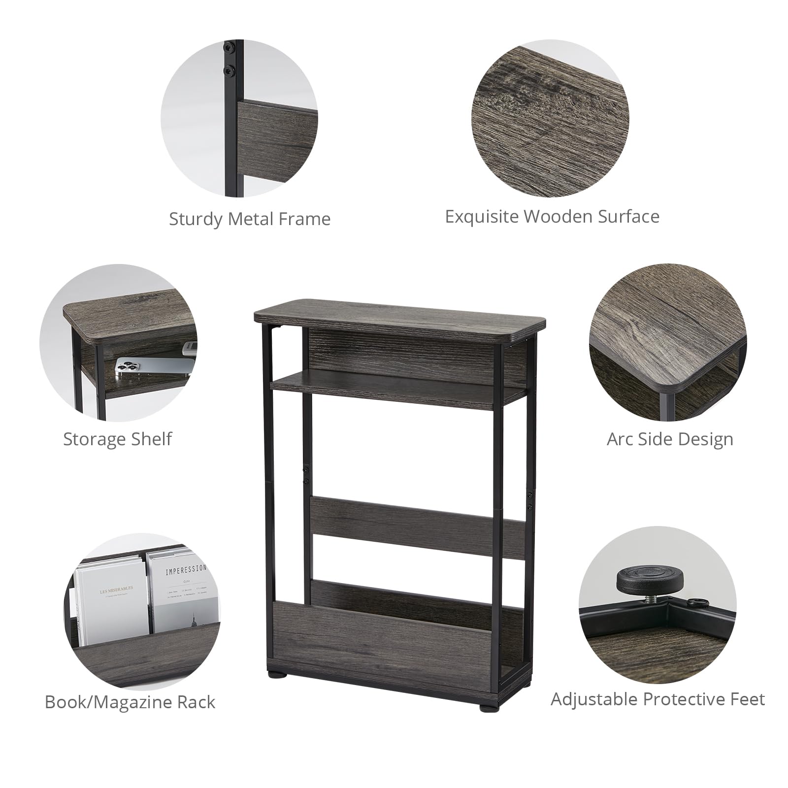 - Sturdy Metal Frame
- Exquisite Wooden Surface
- Storage Shelf
- Arc Side Design
- Book/Magazine Rack
- Adjustable Protective Feet